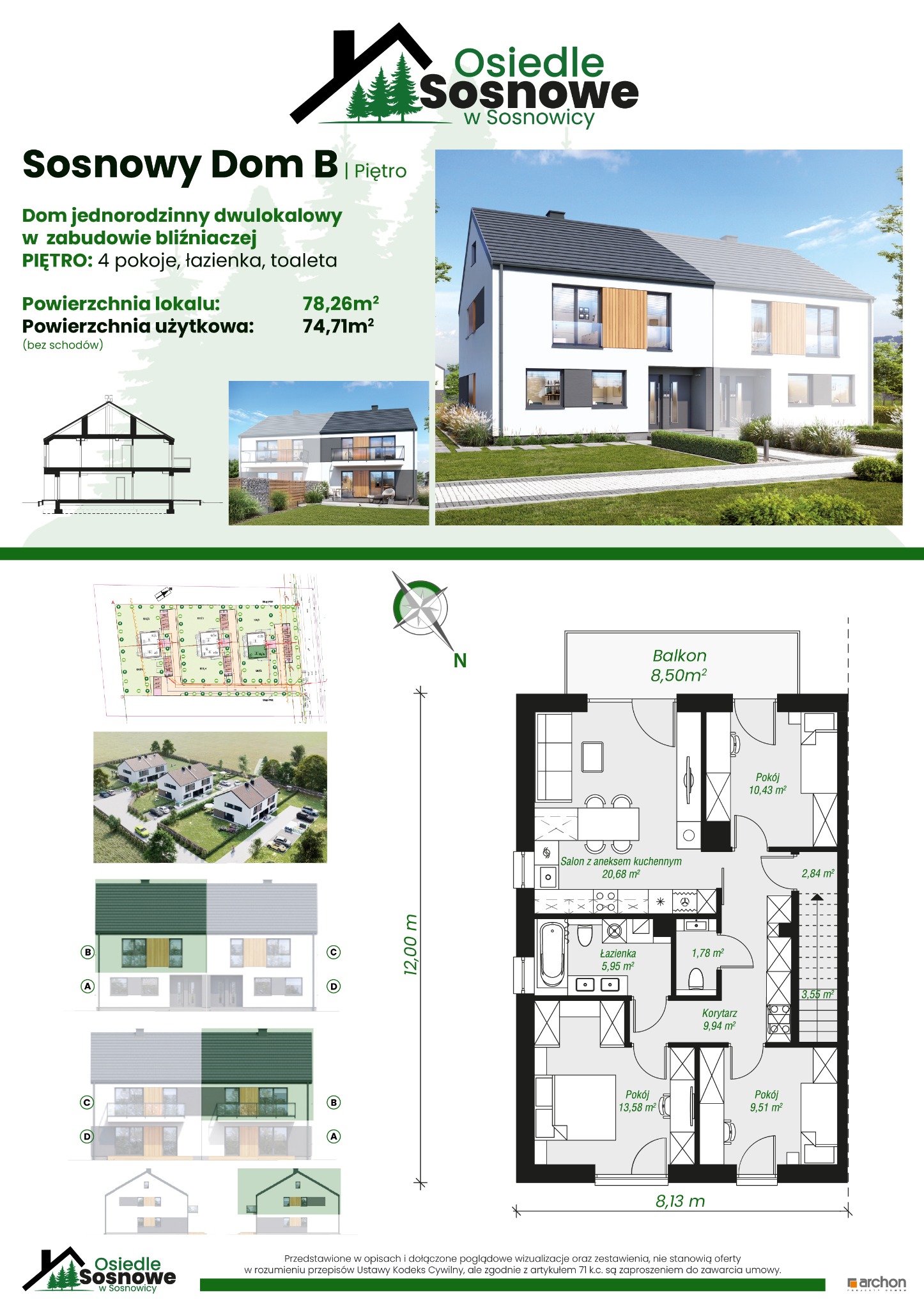 Projekt domu dwulokalowego 'Sosnowy Dom B' z wizualizacją elewacji, rzutem kondygnacji i przekrojem. Prezentacja powierzchni lokalu i użytkowej.