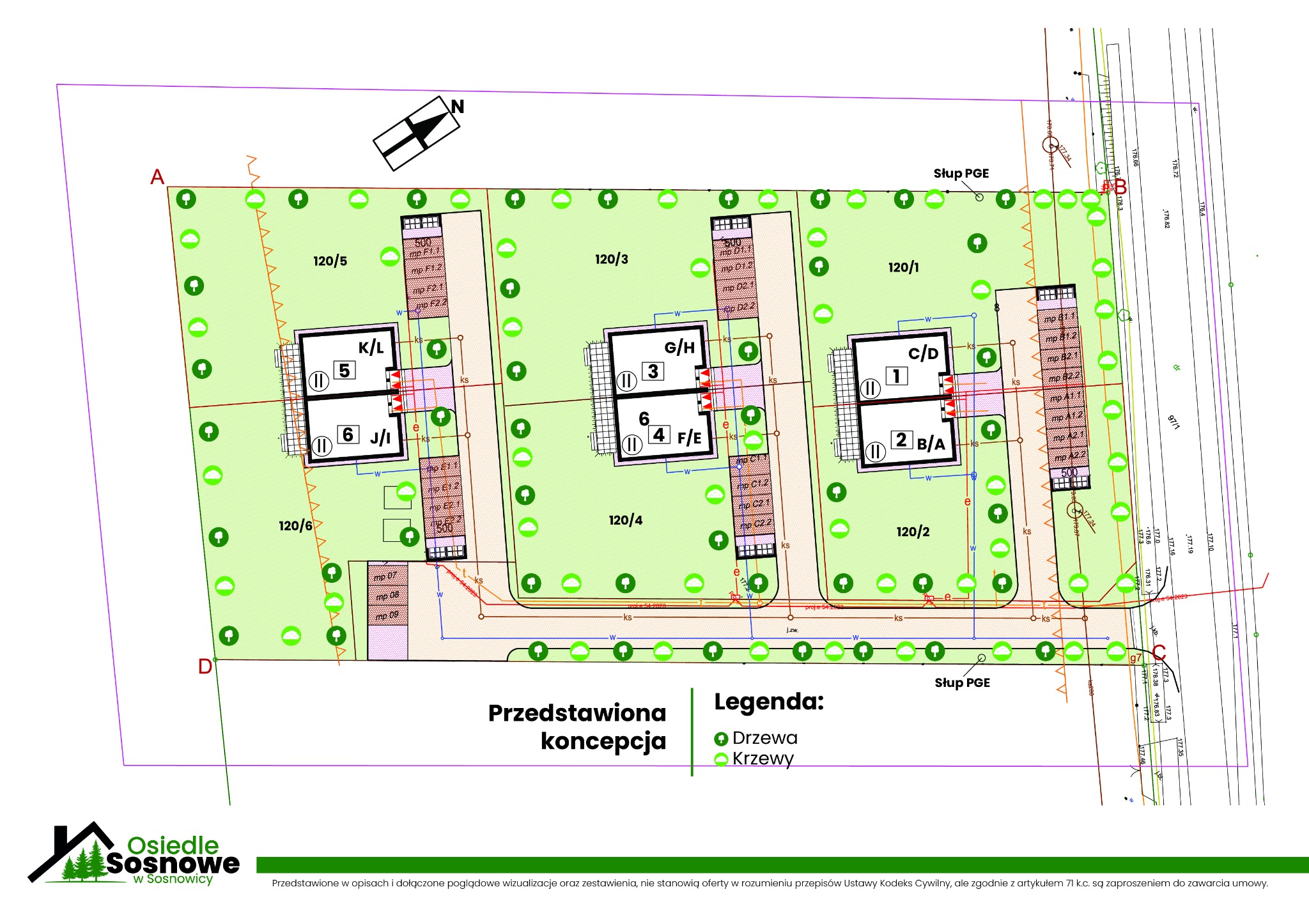 Plan zagospodarowania terenu osiedla z zaznaczonymi budynkami, drzewami i krzewami. Widoczne numery działek i oznaczenia mediów. Koncepcja osiedla 'Osiedle Sosnowe'.