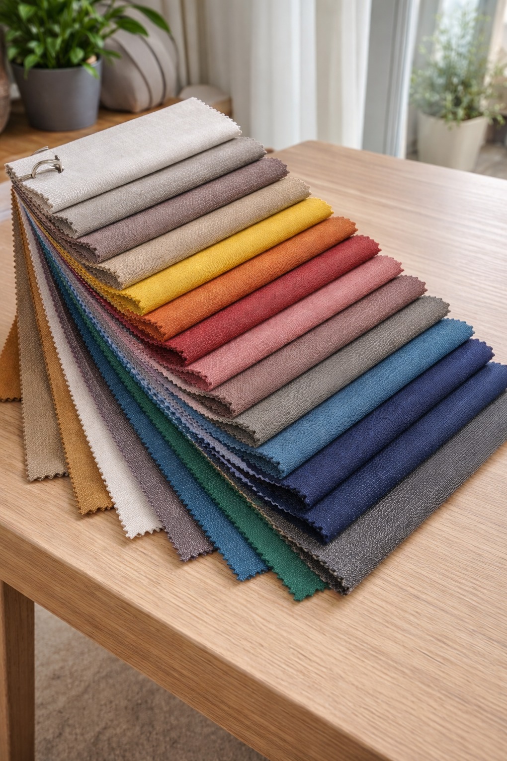 Paleta próbek tkanin w różnych kolorach, ułożonych wachlarzowo na drewnianym stole. Widoczne odcienie beżu, brązu, żółci, czerwieni, różu, szarości i niebieskiego.