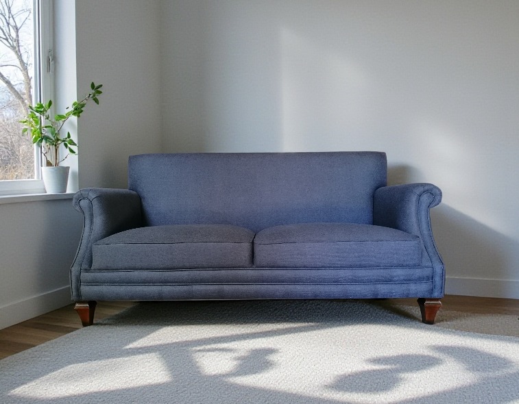 Dwuosobowa, szara sofa z podłokietnikami w stylu retro, ustawiona na jasnym dywanie w pokoju z oknem i rośliną doniczkową. Widoczne drewniane nóżki sofy.