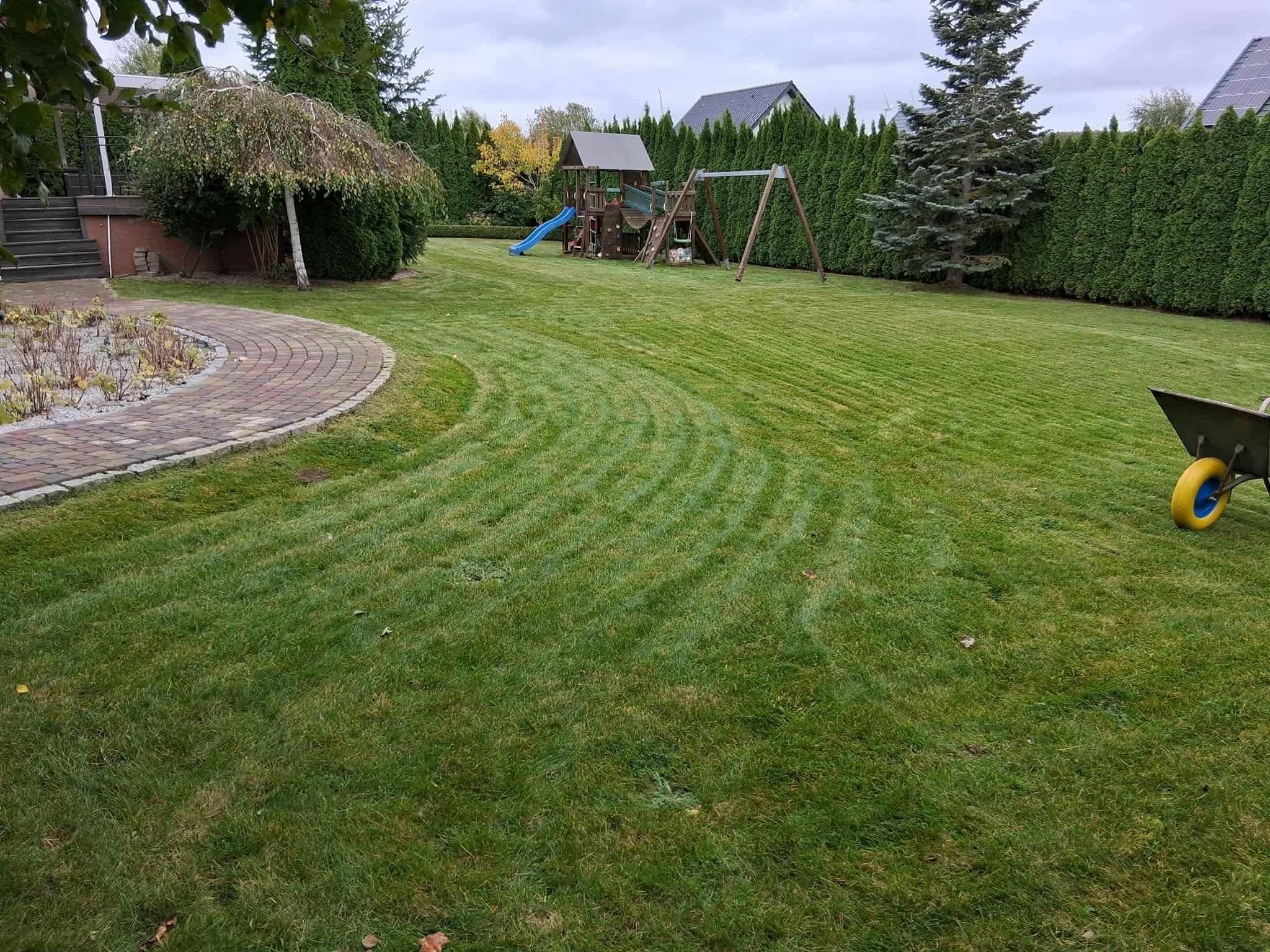 Starannie skoszony trawnik z wzorem w pasy, plac zabaw w tle, otoczony tujami. Widoczny fragment ścieżki z kostki brukowej i taczka z żółtym kołem.