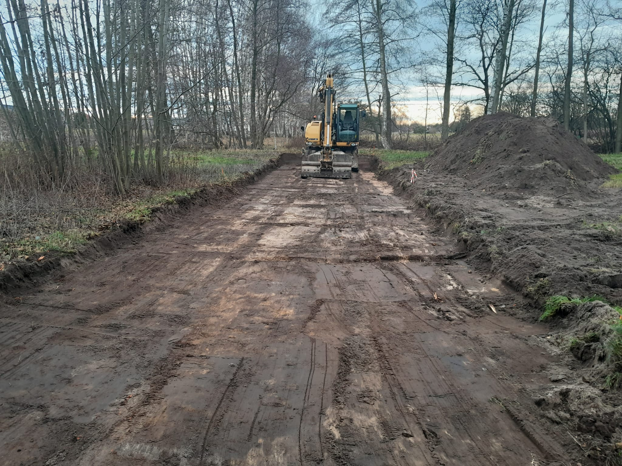 Żółta koparka na wykopanym pasie ziemi, otoczona drzewami i stertą ziemi. Ślady opon na błotnistym podłożu. Prace ziemne w toku, widok z przodu.