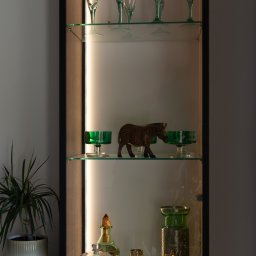 Komfortis Meble Tomasz Kmieć - Podświetlana szafa wnękowa z przeszklonymi półkami, na których stoją dekoracyjne kieliszki, wazony i figurka zebry. Obok szafy widoczny kwiat doniczkowy.