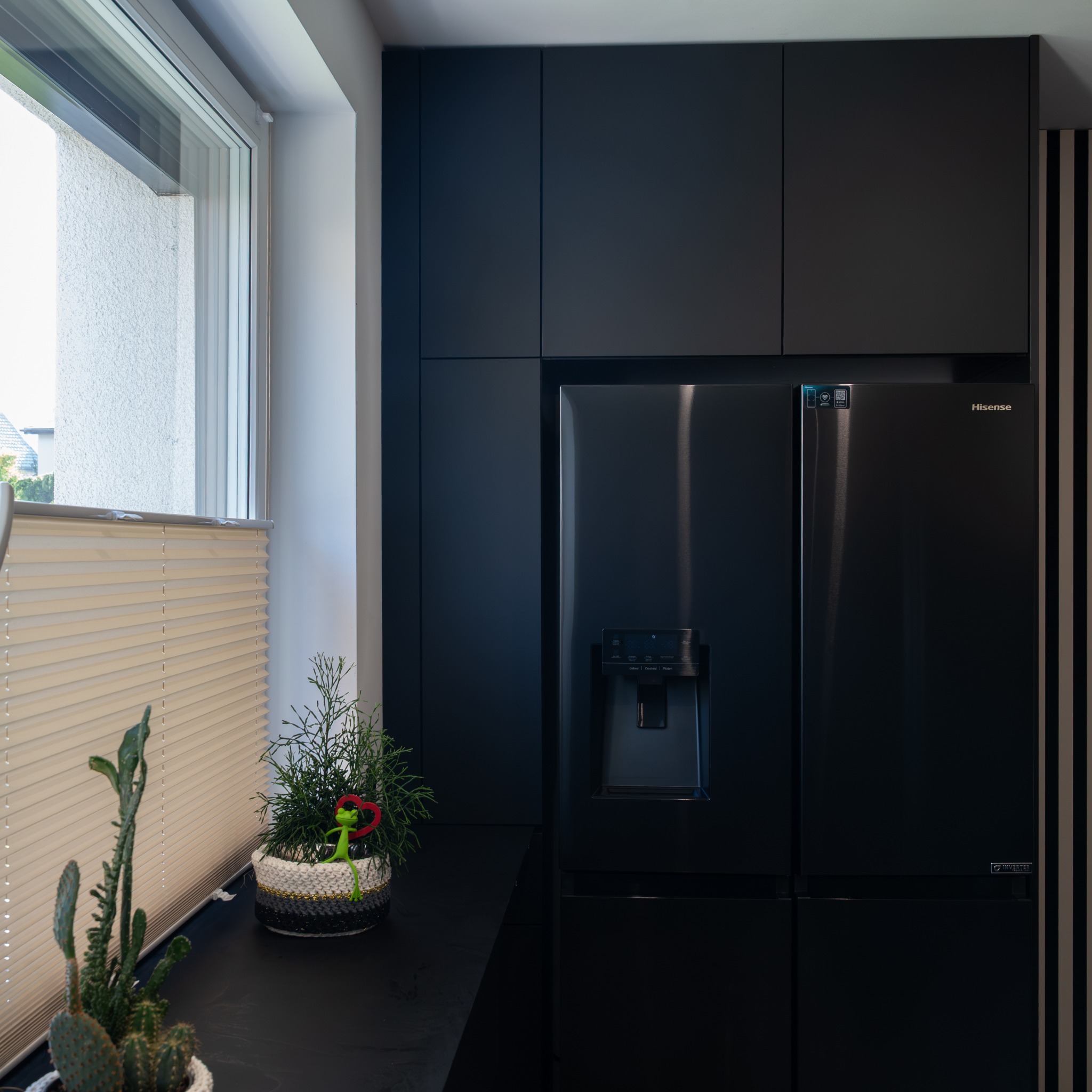 Ciemna zabudowa kuchenna z lodówką Hisense, minimalistyczny design. Na blacie doniczki z roślinami i figurką żaby. Żaluzje okienne w tle.