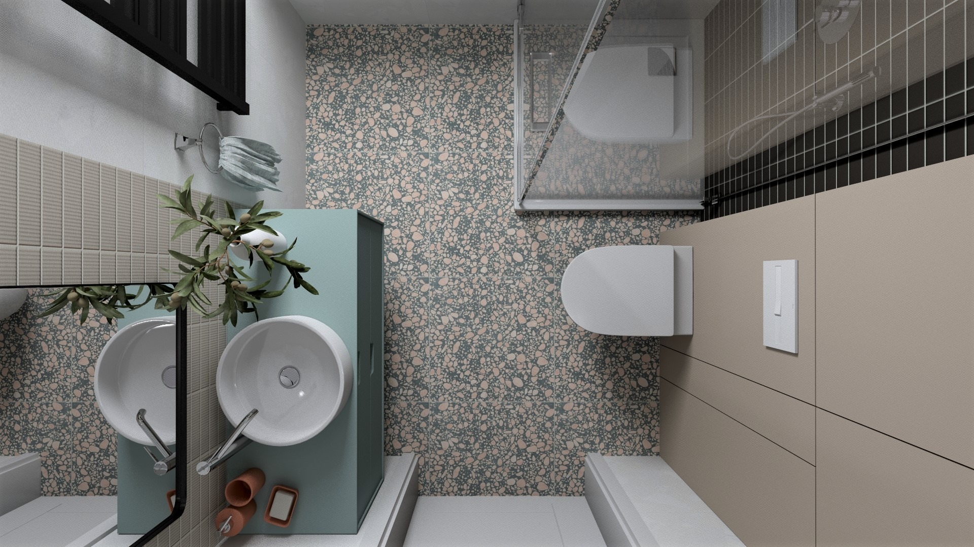 Wizualizacja łazienki z podwójną umywalką na tle mozaiki, kabiną prysznicową i toaletą. Ujęcie z góry, prezentujące nowoczesny design i funkcjonalne rozwiązania.