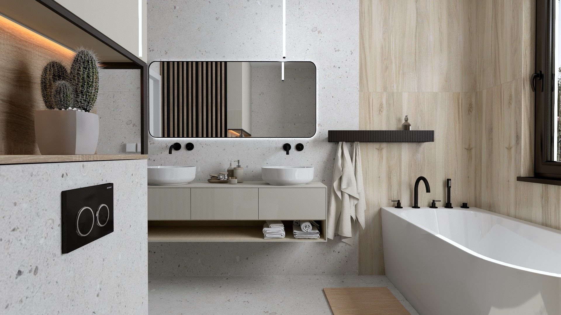 Nowoczesna łazienka z umywalkami nablatowymi, lustrem z podświetleniem LED, wanną i drewnopodobnymi płytkami. Minimalistyczny design z akcentami czerni.