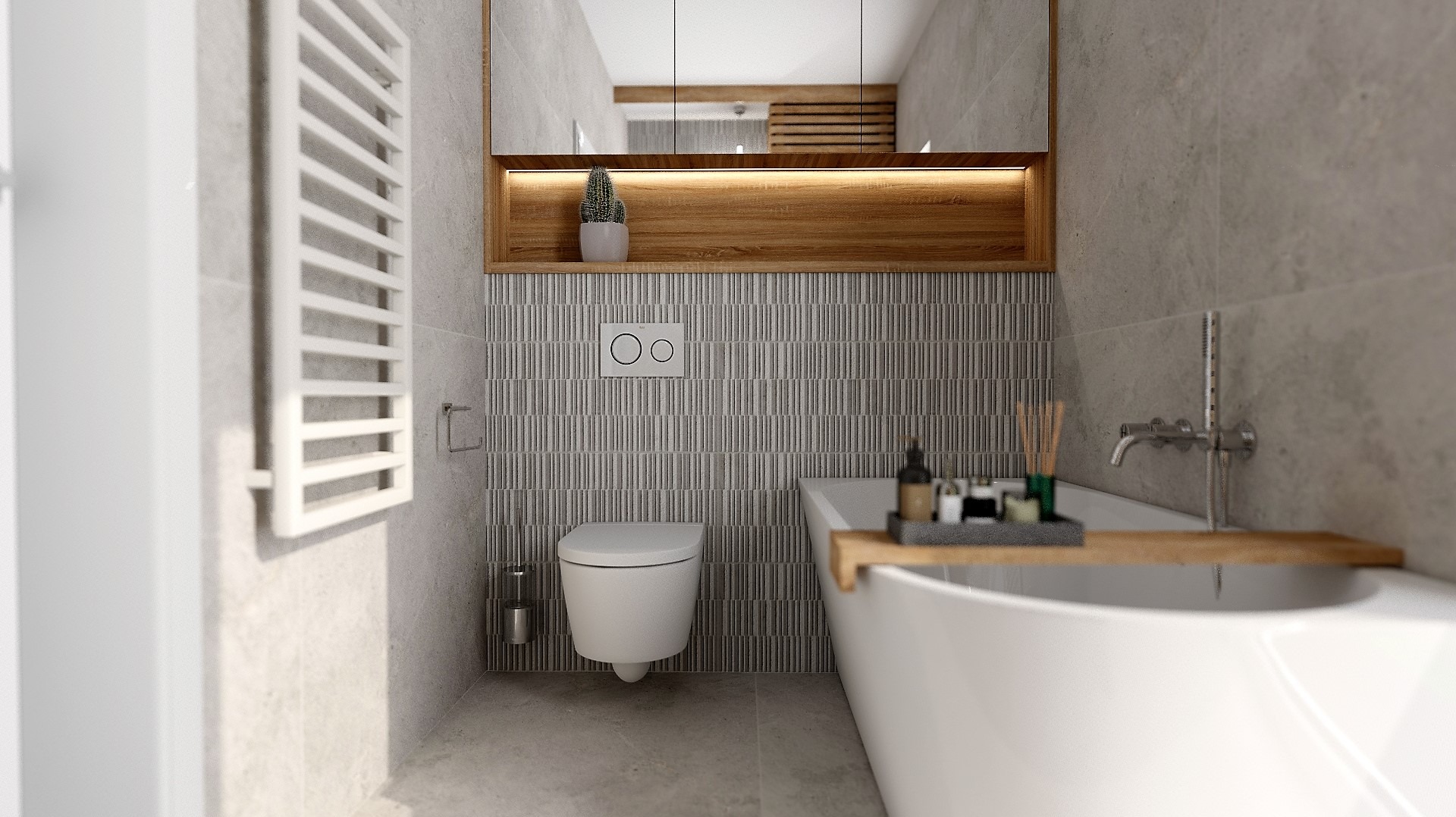 Nowoczesna łazienka w szarościach z podwieszaną toaletą, grzejnikiem drabinkowym i wanną z drewnianą półką. Lustro z oświetleniem LED i dekoracyjny kaktus.