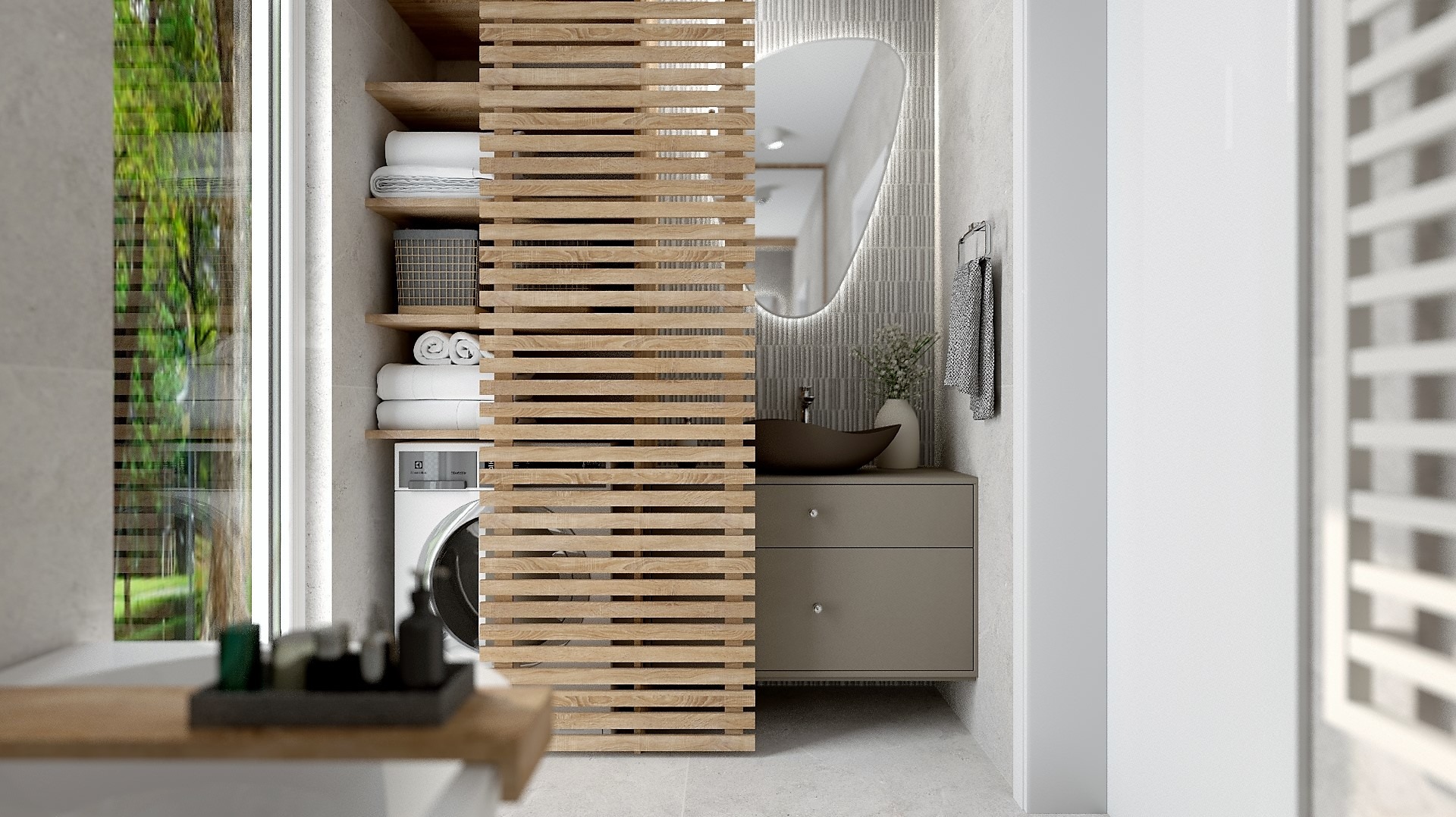 Nowoczesna łazienka z drewnianą ażurową ścianką działową, pralką w zabudowie i owalnym lustrem z podświetleniem LED. Minimalistyczny design, stonowana kolorystyka.