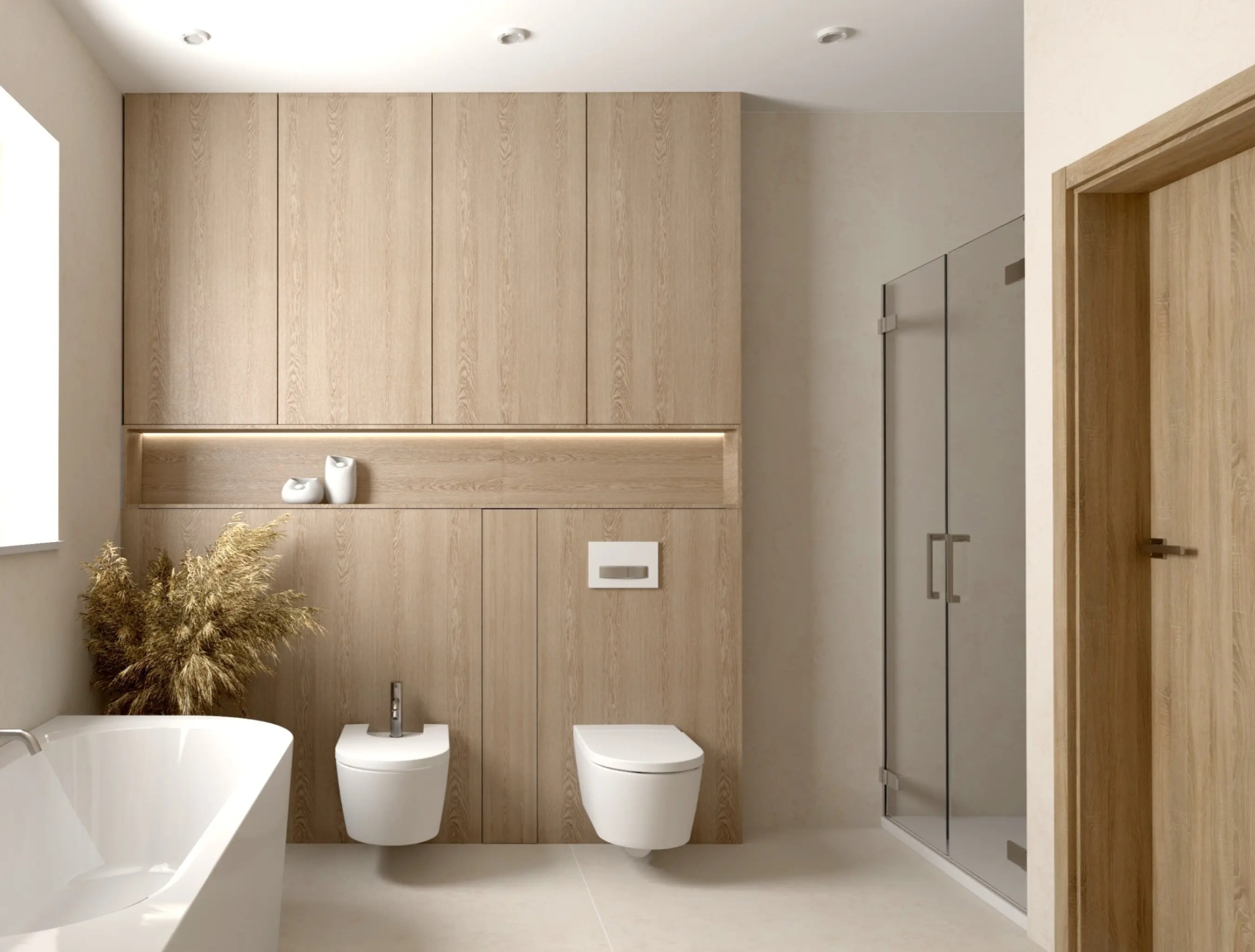 Jasna łazienka z drewnianą zabudową, minimalistyczną armaturą i szklaną kabiną prysznicową. Uwagę przykuwa dekoracyjna trawa w wazonie obok wanny.