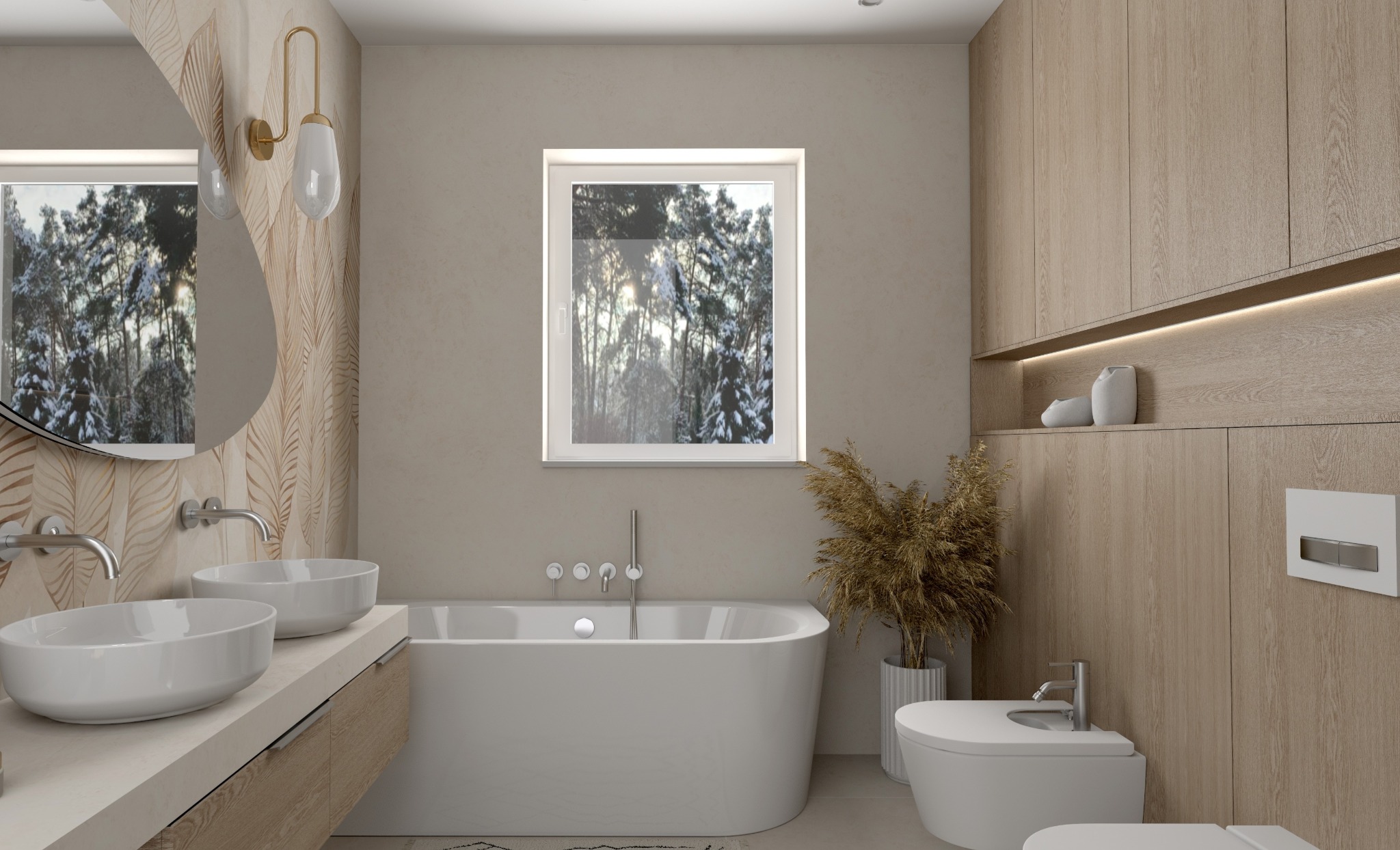 Jasna łazienka z drewnianymi akcentami: owalne umywalki, wolnostojąca wanna, bidet i toaleta. Za oknem zimowy krajobraz. Minimalistyczny design z roślinnym motywem na ścianie.