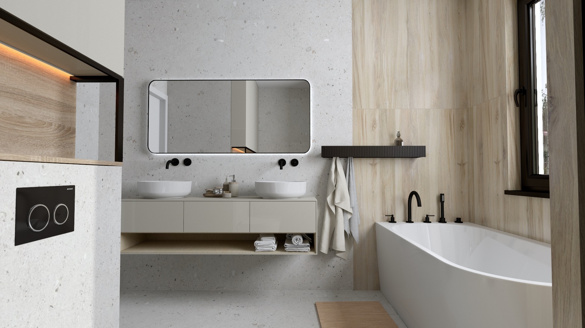 Nowoczesna łazienka z umywalkami nablatowymi, podświetlanym lustrem i wanną. Jasne płytki imitujące drewno i kamień tworzą spójną całość.