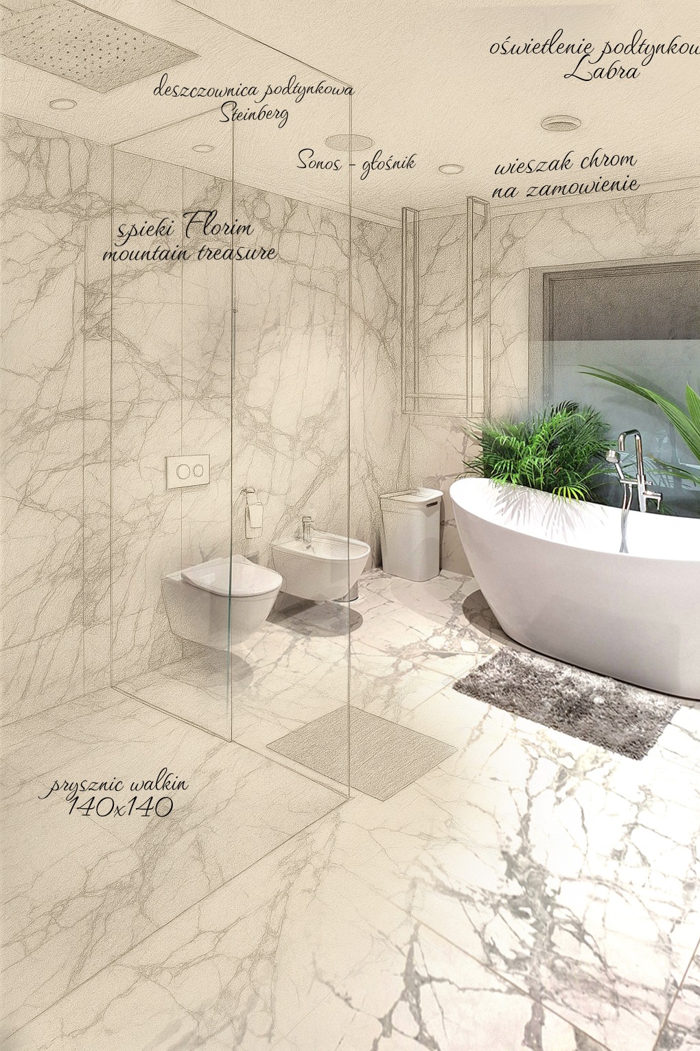 Wizualizacja łazienki z kabiną walk-in, spiekiem Florim Mountain Treasure, podtynkową deszczownicą Steinberg, oświetleniem Labra i chromowanym wieszakiem na zamówienie.