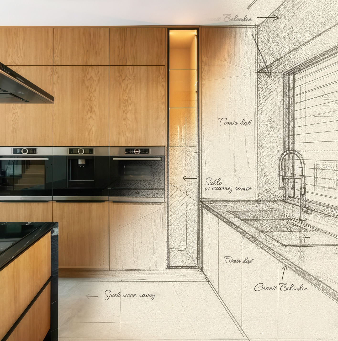 Projekt kuchni z drewnianymi frontami i czarnymi elementami, częściowo w formie szkicu. Widoczne detale: fornir dąb, granit Belvedere, spiek moon savoy.