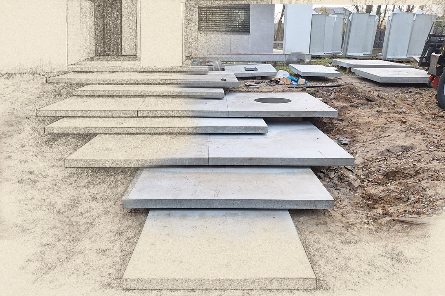 Montaż betonowych płyt schodowych na zewnątrz budynku. Widoczne płyty o różnych rozmiarach, przygotowane do ułożenia. Część schodów jest w formie szkicu.