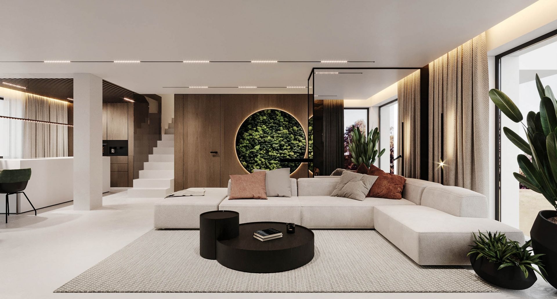 Nowoczesny salon z sofą modułową, okrągłą dekoracją z mchu na drewnianej ścianie i minimalistycznym oświetleniem. Widok na schody i kuchnię w tle.