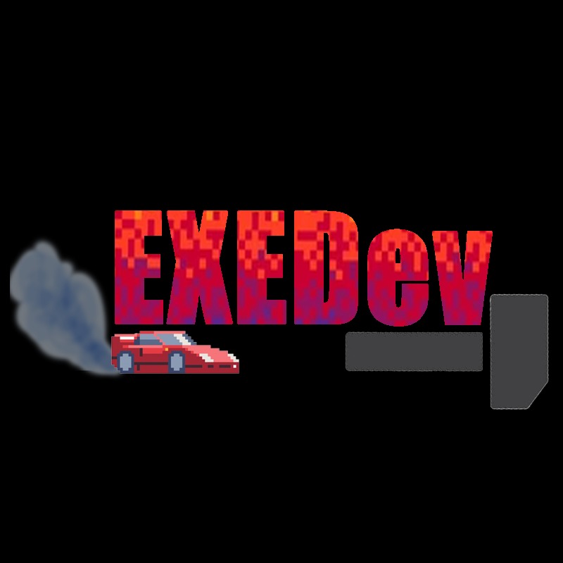 Pikselowy logotyp 'EXEDev' z czerwonym samochodem sportowym i efektem dymu na czarnym tle. Styl retro, nawiązujący do gier wideo. Unikalna kolorystyka i kompozycja.