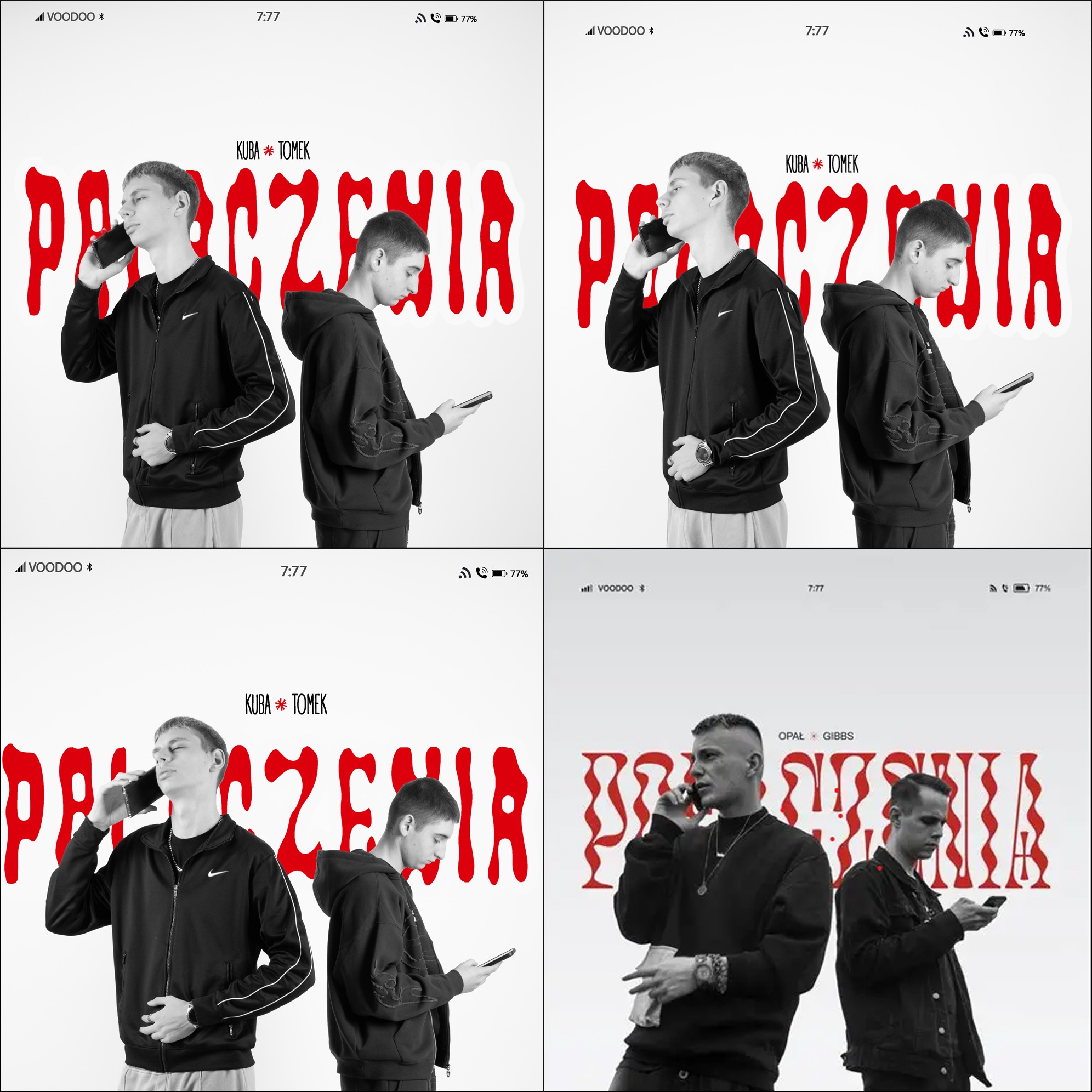 Czarno-biała okładka albumu muzycznego z czterema kadrami. Na każdym z nich raperzy z telefonami na tle czerwonego napisu 'PACZENIA'.