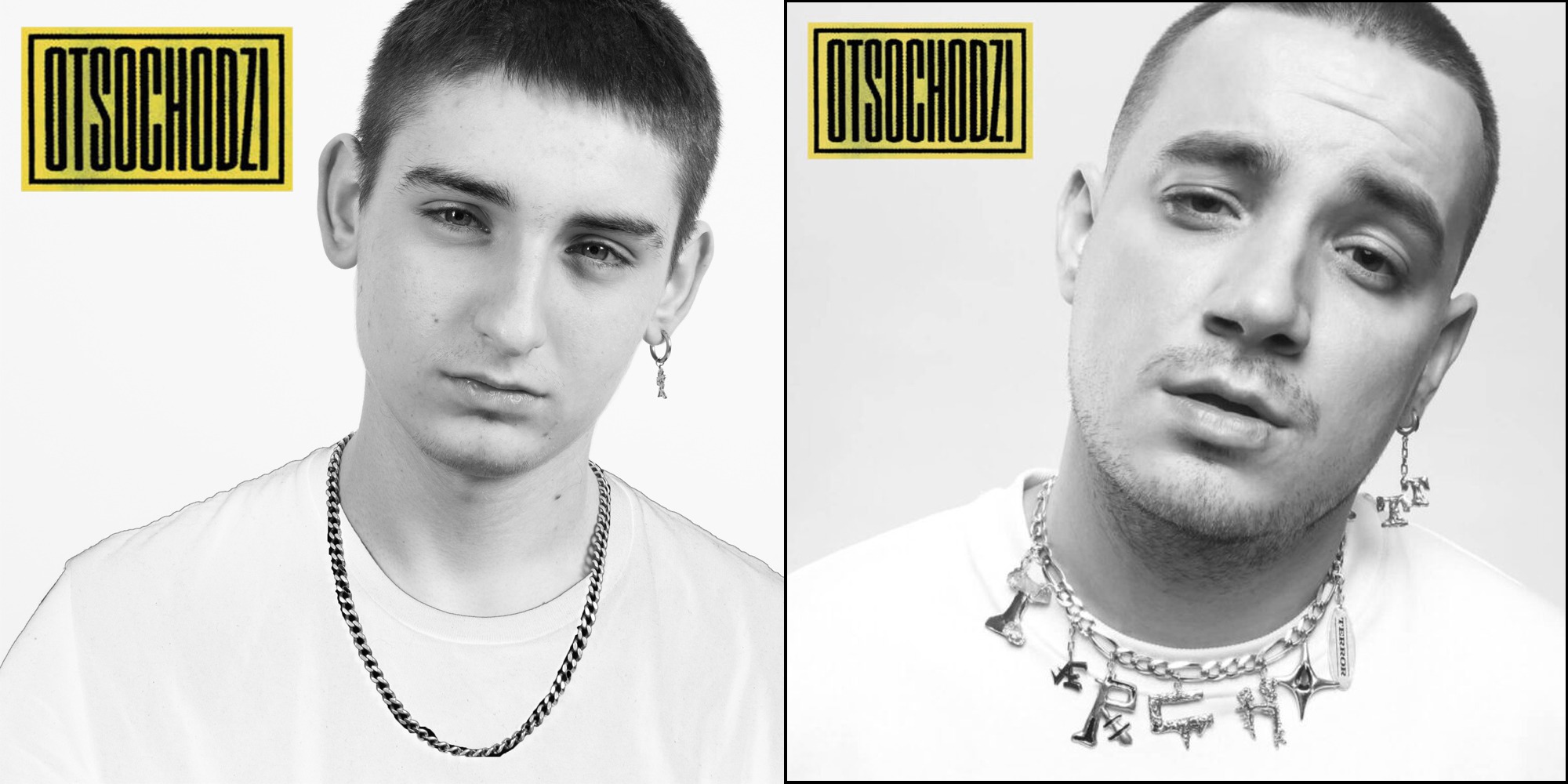 Czarno-białe portretowe ujęcie dwóch młodych mężczyzn z biżuterią, na białym tle, z żółtym logo 'OTSOCHODZI' w górnych rogach. Kontrastowe oświetlenie.