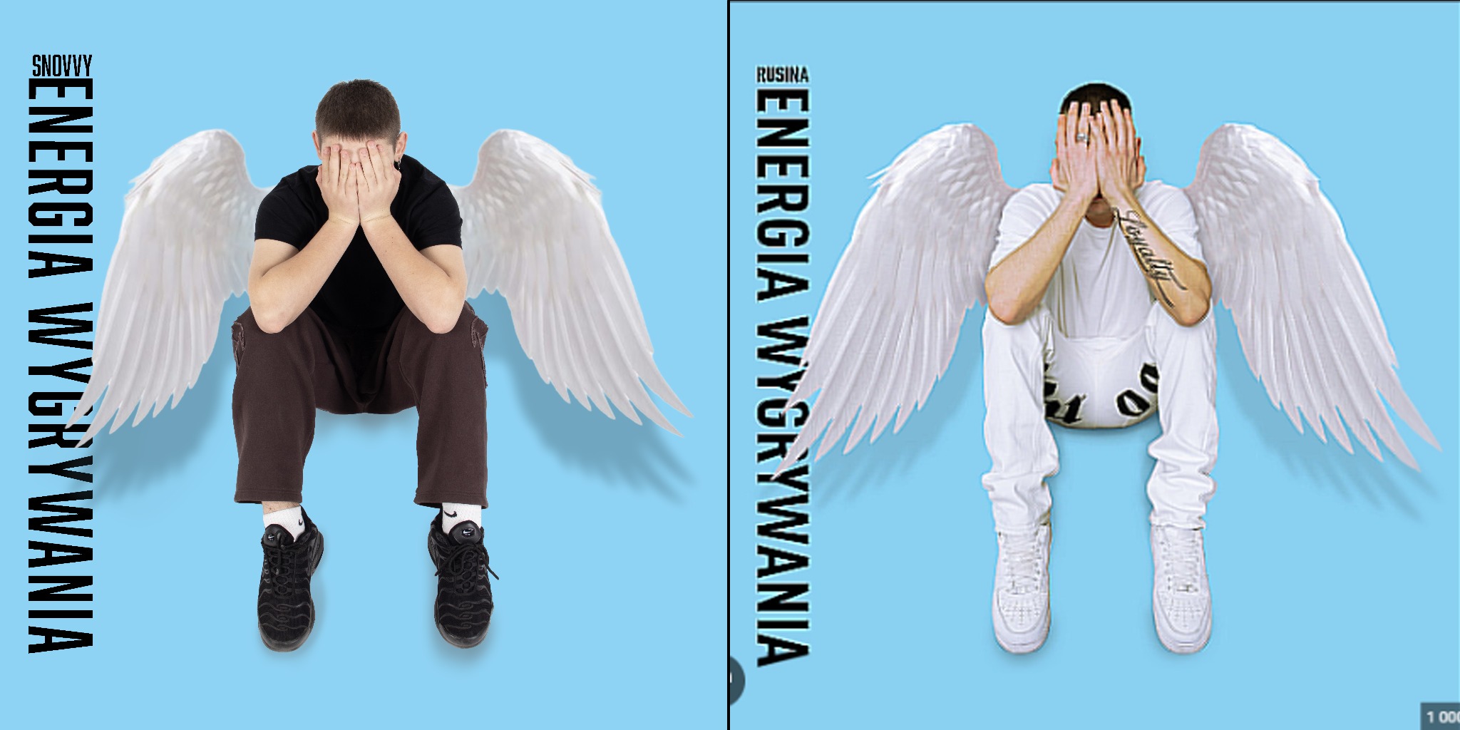 Dwie wersje okładki albumu muzycznego: po lewej osoba w czarnym ubraniu i brązowych spodniach, po prawej w białym, obydwie z doczepionymi skrzydłami anioła.