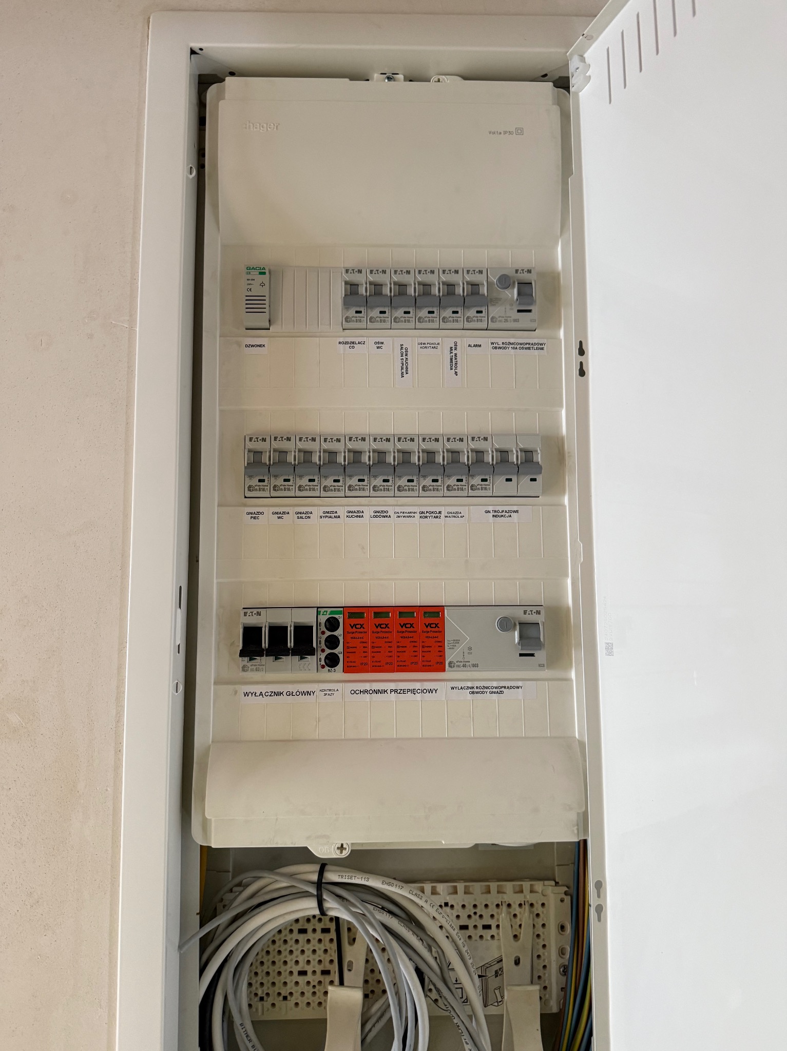 Rozdzielnia elektryczna Hager z wyłącznikami Eaton i Vox, widoczne kable i zabezpieczenia przepięciowe. Otwarta obudowa w kolorze białym.