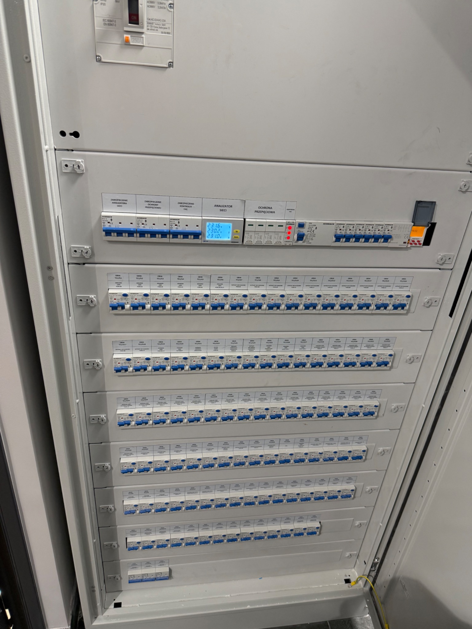Rozdzielnica elektryczna z zabezpieczeniami, analizatorem sieci i zabezpieczeniami przepięciowymi. Widoczne liczne wyłączniki i moduły ochronne.