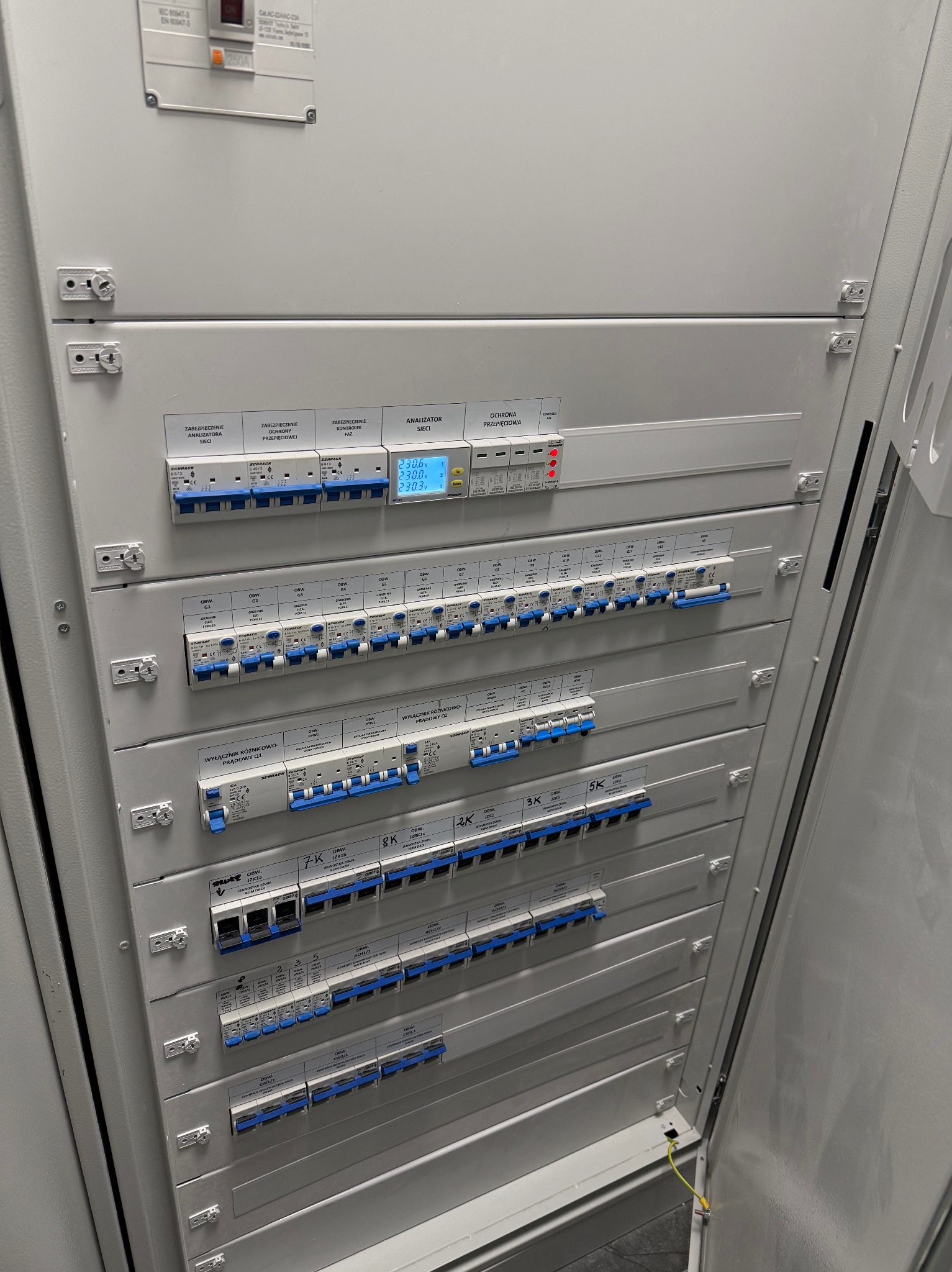 Rozdzielnica elektryczna z bezpiecznikami, analizatorem sieci i wyłącznikami różnicowoprądowymi. Widoczne oznaczenia obwodów 7K, 8K, 2K, 3K, 5K.