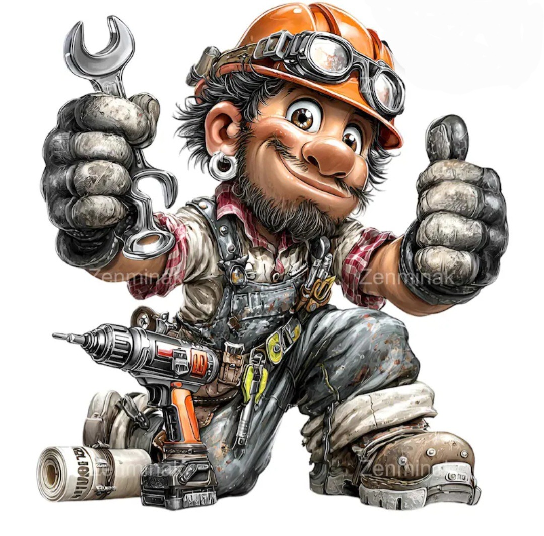 Karykatura uśmiechniętego majsterkowicza w kasku i kombinezonie, trzymającego klucz francuski i pokazującego kciuk w górę, z wiertarką i taśmą mierniczą obok.