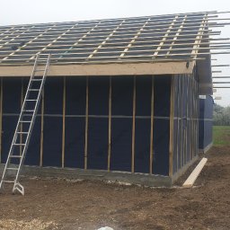 Atom - Budowa domu szkieletowego: widok na konstrukcję ścian z membraną i drewnianą więźbę dachową w trakcie montażu. Aluminiowa drabina oparta o ścianę.