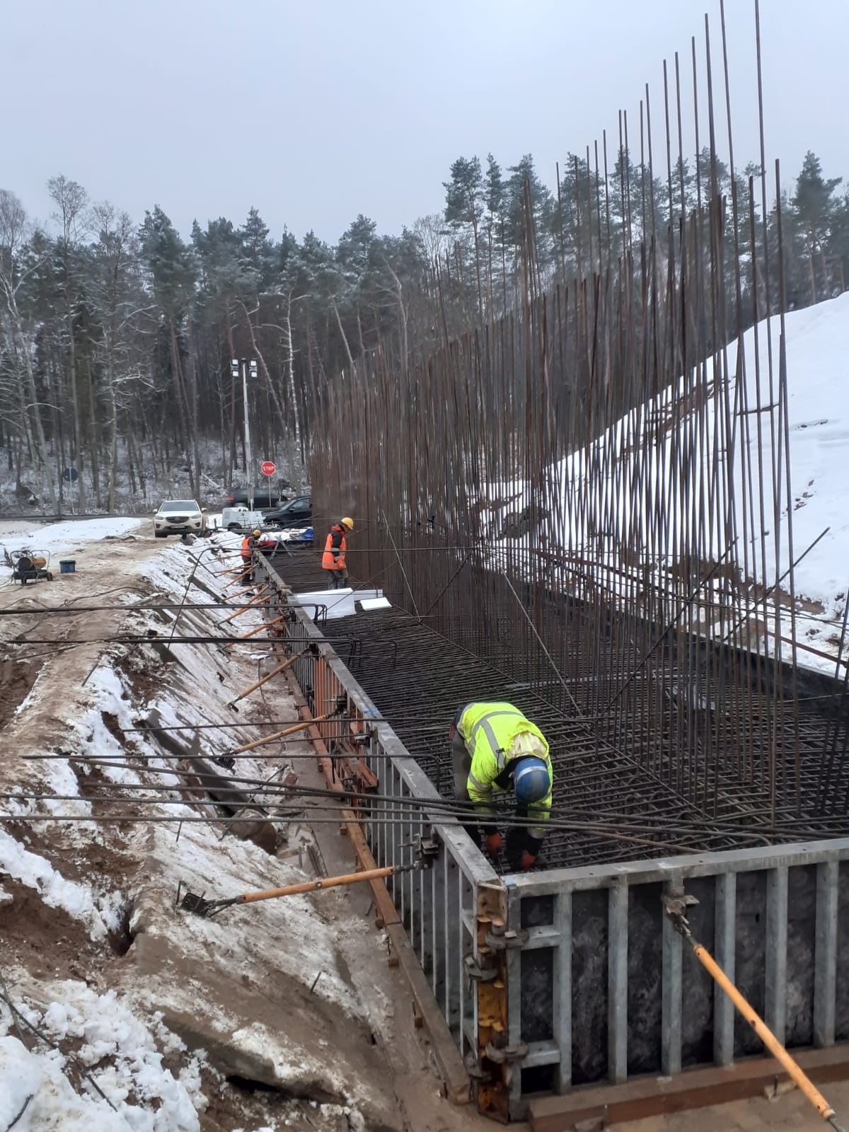 Zbrojenie fundamentów pod budowę w zimowej scenerii. Widoczni pracownicy w odblaskowych ubraniach i stalowe pręty zbrojeniowe tworzące konstrukcję.