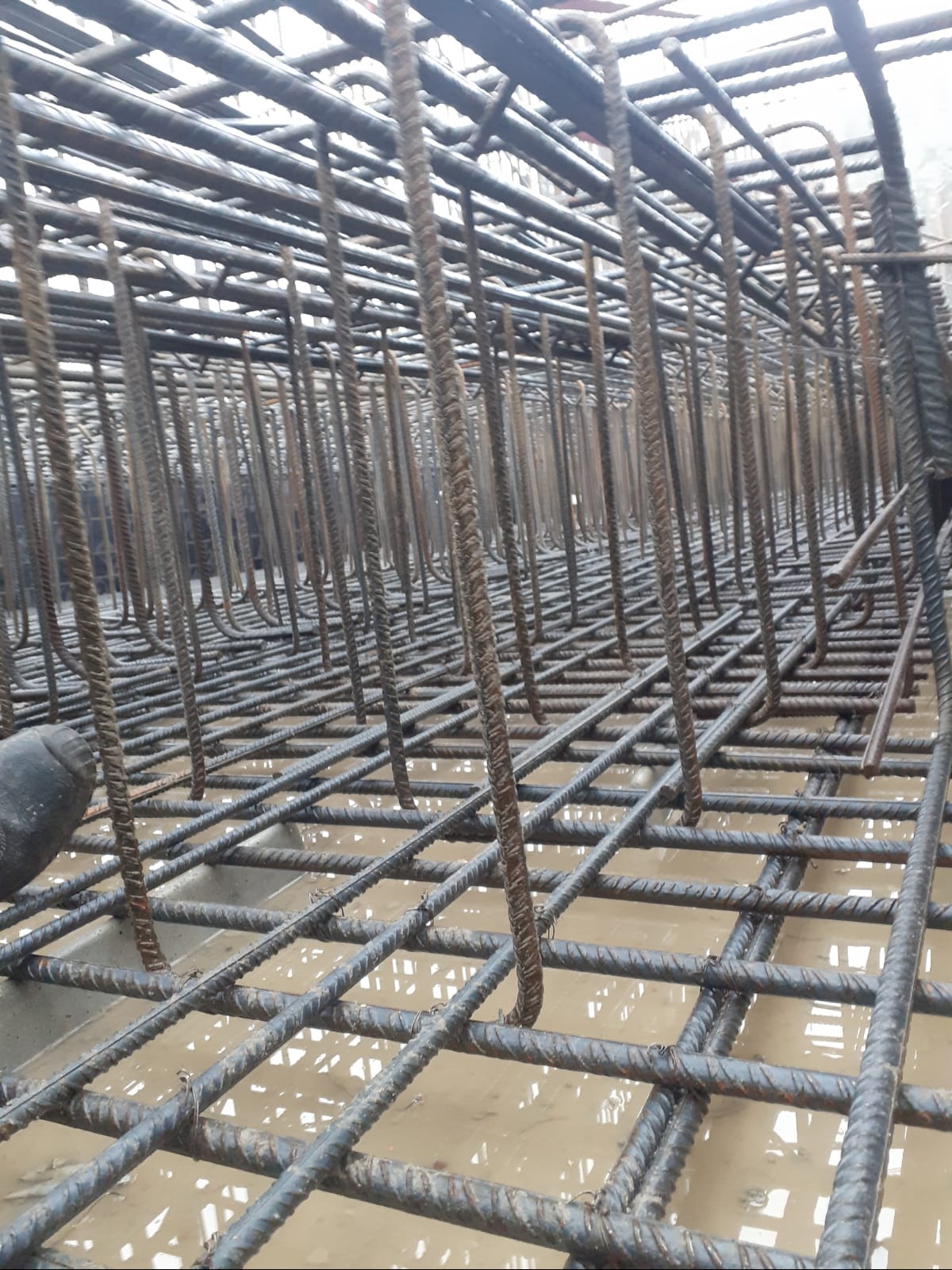 Zbrojenie fundamentów z pionowymi prętami, zalane wodą. Widoczne krzyżujące się pręty tworzące siatkę. Prace budowlane w toku, przygotowanie do wylania betonu.