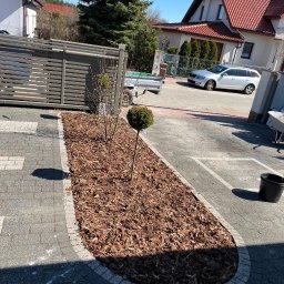 Mariusz Andrzejewski - Rabata z korą i ozdobnymi drzewkami w Bydgoszczy, obrzeże z kostki brukowej. W tle dom z czerwoną dachówką i srebrny samochód osobowy.