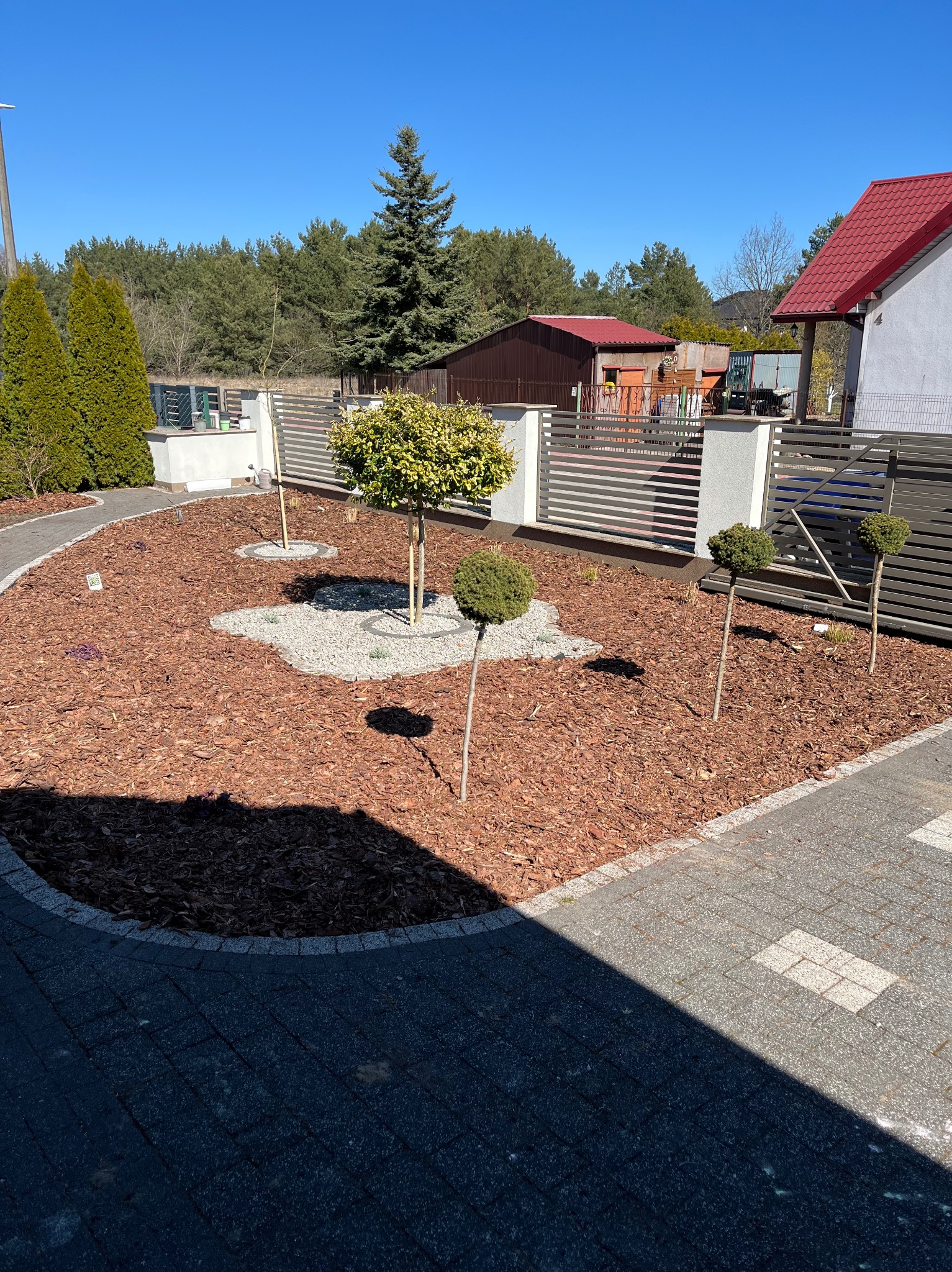 Ogród z korą, ozdobnymi drzewkami i kamieniami, otoczony kostką brukową i nowoczesnym ogrodzeniem. Słoneczny dzień, błękitne niebo.