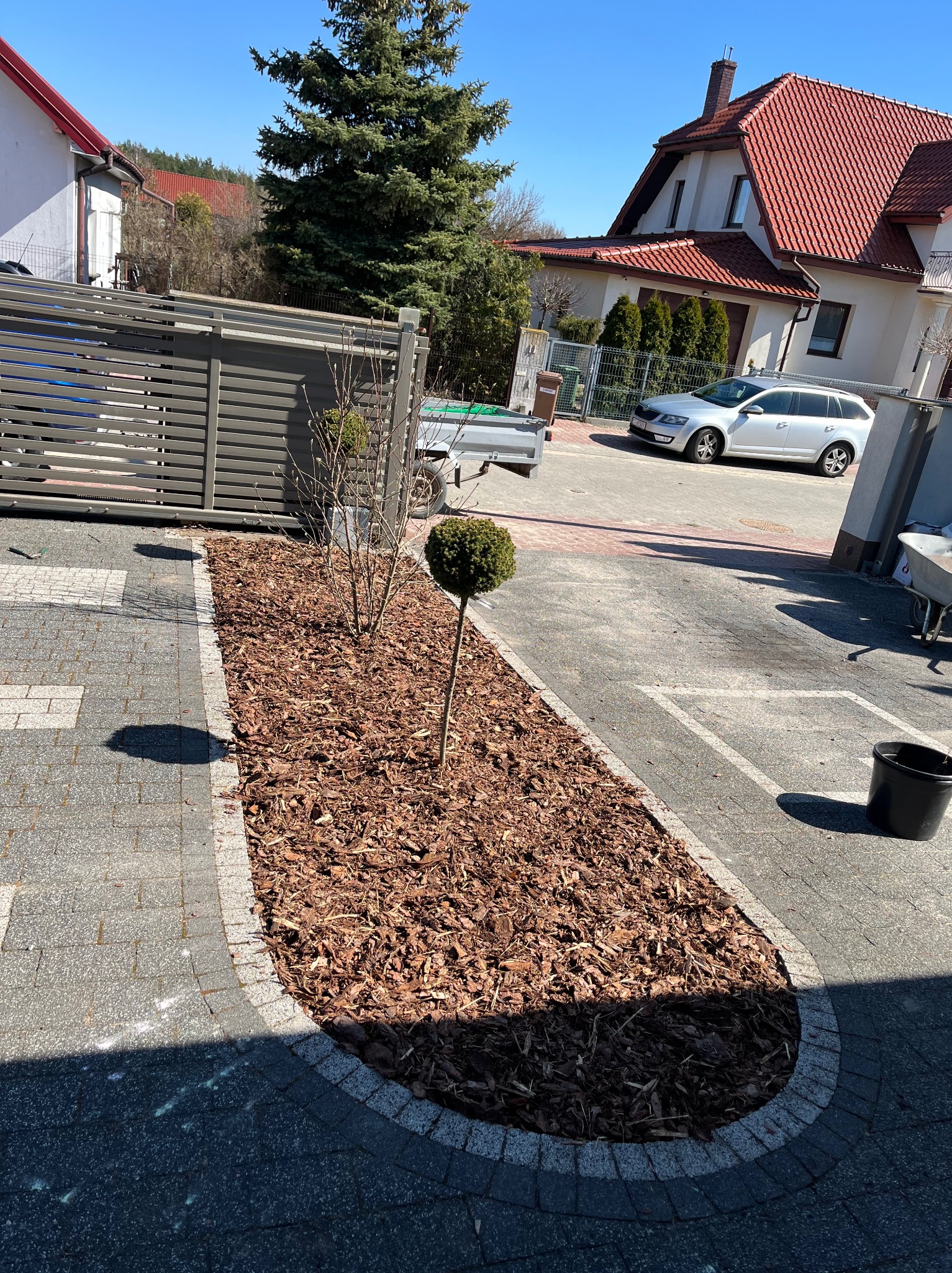Rabata z korą i ozdobnymi drzewkami w Bydgoszczy, obrzeże z kostki brukowej. W tle dom z czerwoną dachówką i srebrny samochód osobowy.