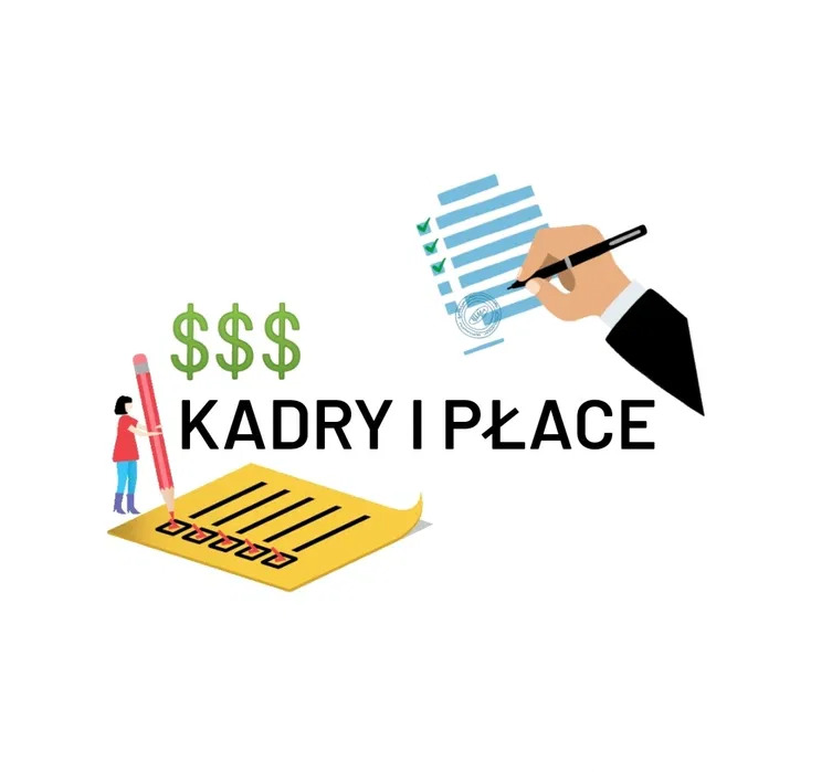 Ilustracja: Kobieta z ołówkiem zaznacza listę kontrolną, obok dłoń z piórem wypełnia dokument. Napis 'Kadry i Płace' oraz symbol dolara. Grafika.