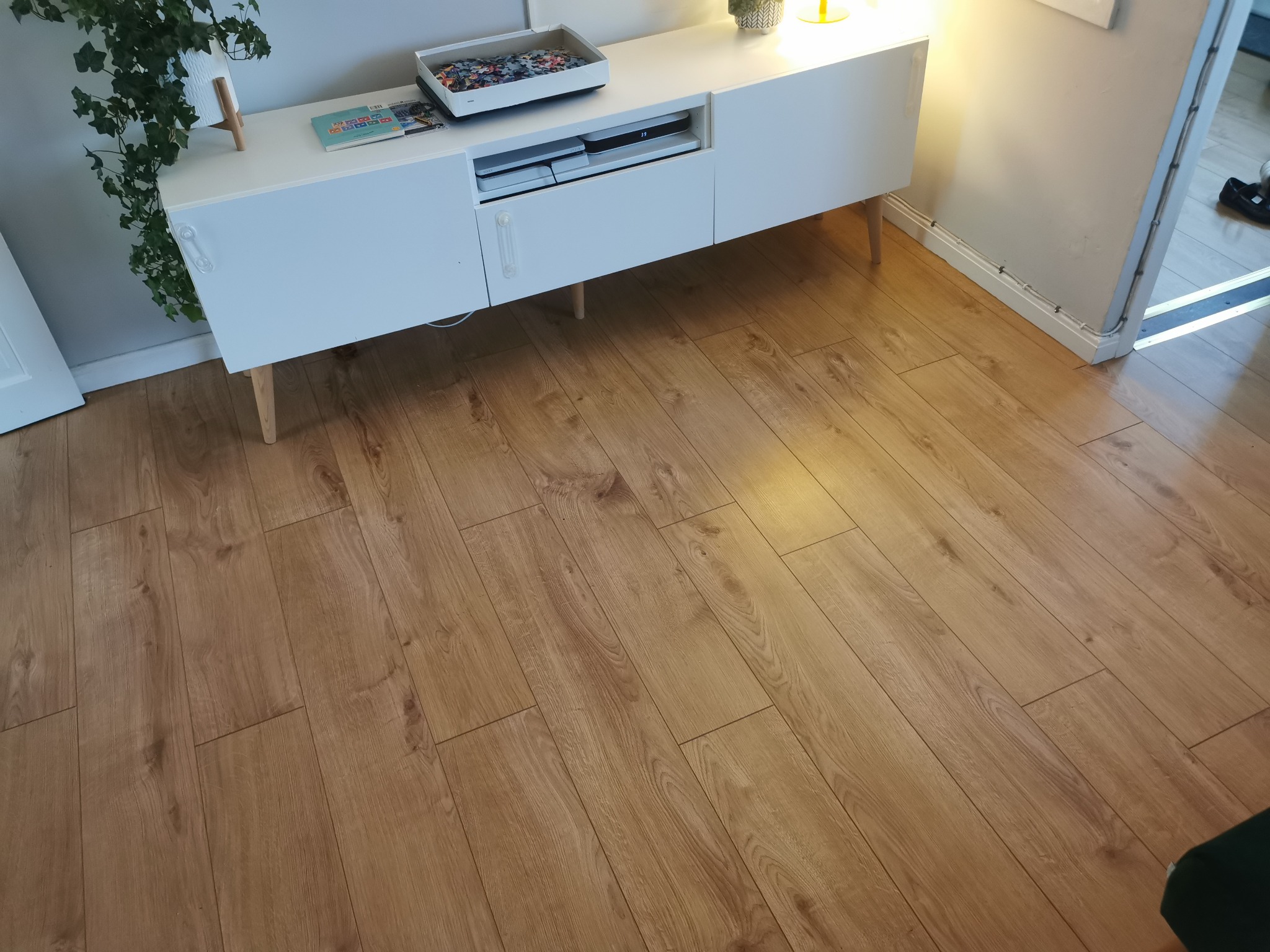 Jasnobrązowa podłoga z paneli, ułożona w jodełkę, z widocznym fragmentem białej szafki RTV i rośliną doniczkową w tle. Układanie parkietu.