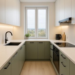 Bogacz meble - Nowoczesna kuchnia w kształcie litery U z oliwkowymi szafkami dolnymi i białymi górnymi. Czarna armatura, jasny blat i drewniana podłoga. Widok na okno z rośliną.