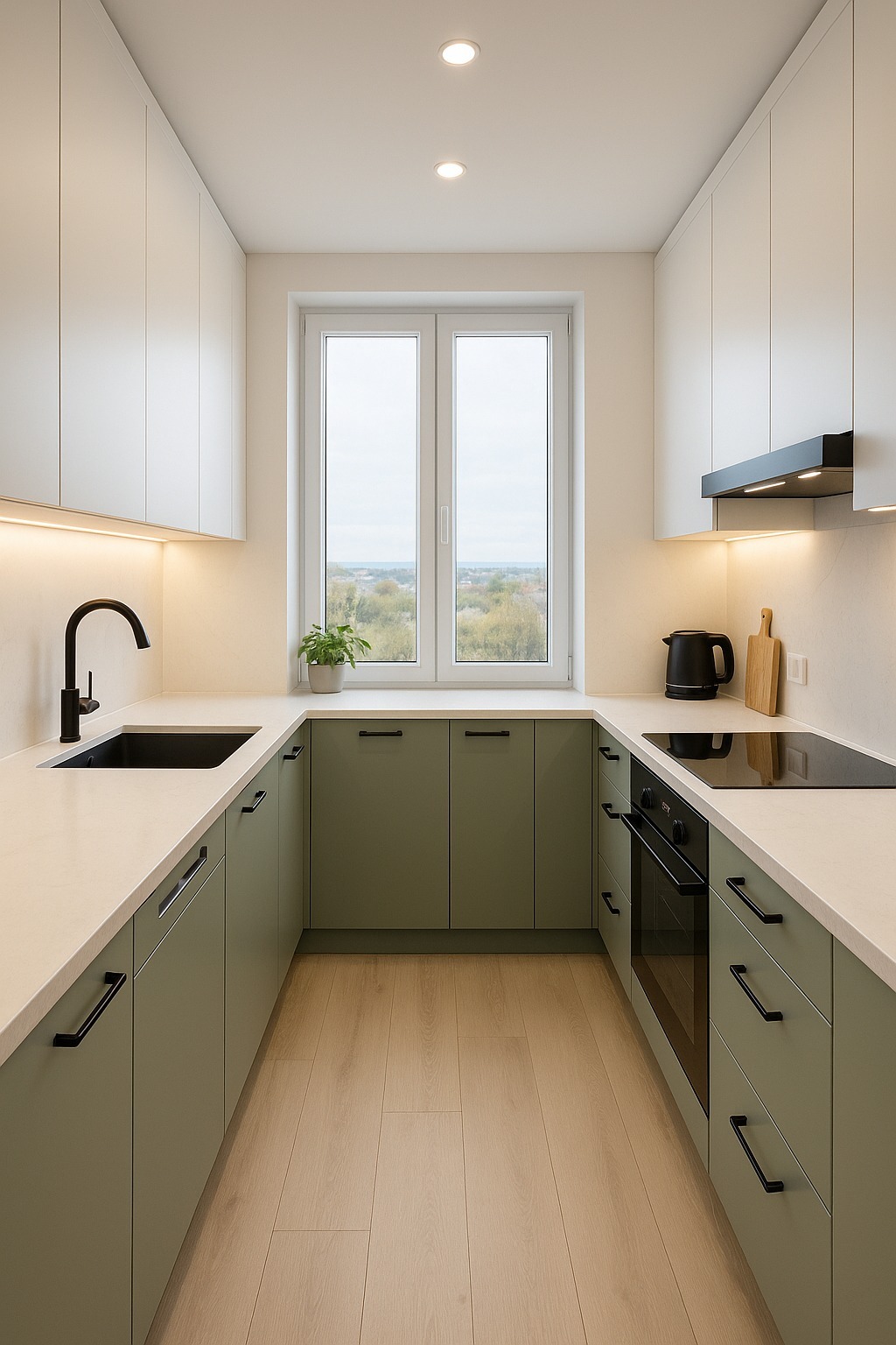 Nowoczesna kuchnia w kształcie litery U z oliwkowymi szafkami dolnymi i białymi górnymi. Czarna armatura, jasny blat i drewniana podłoga. Widok na okno z rośliną.
