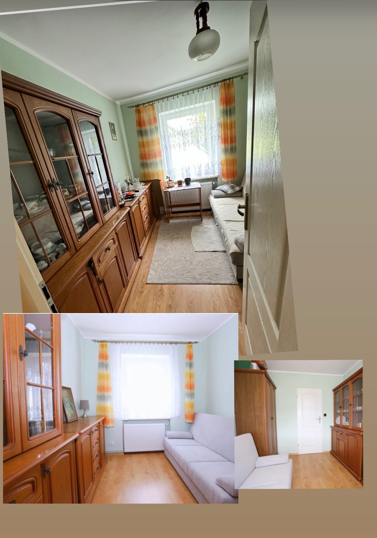 Ustawny pokój dzienny z drewnianym kredensem, sofą i oknem z kolorowymi zasłonami. Widoczne detale wyposażenia i jasna kolorystyka ścian.