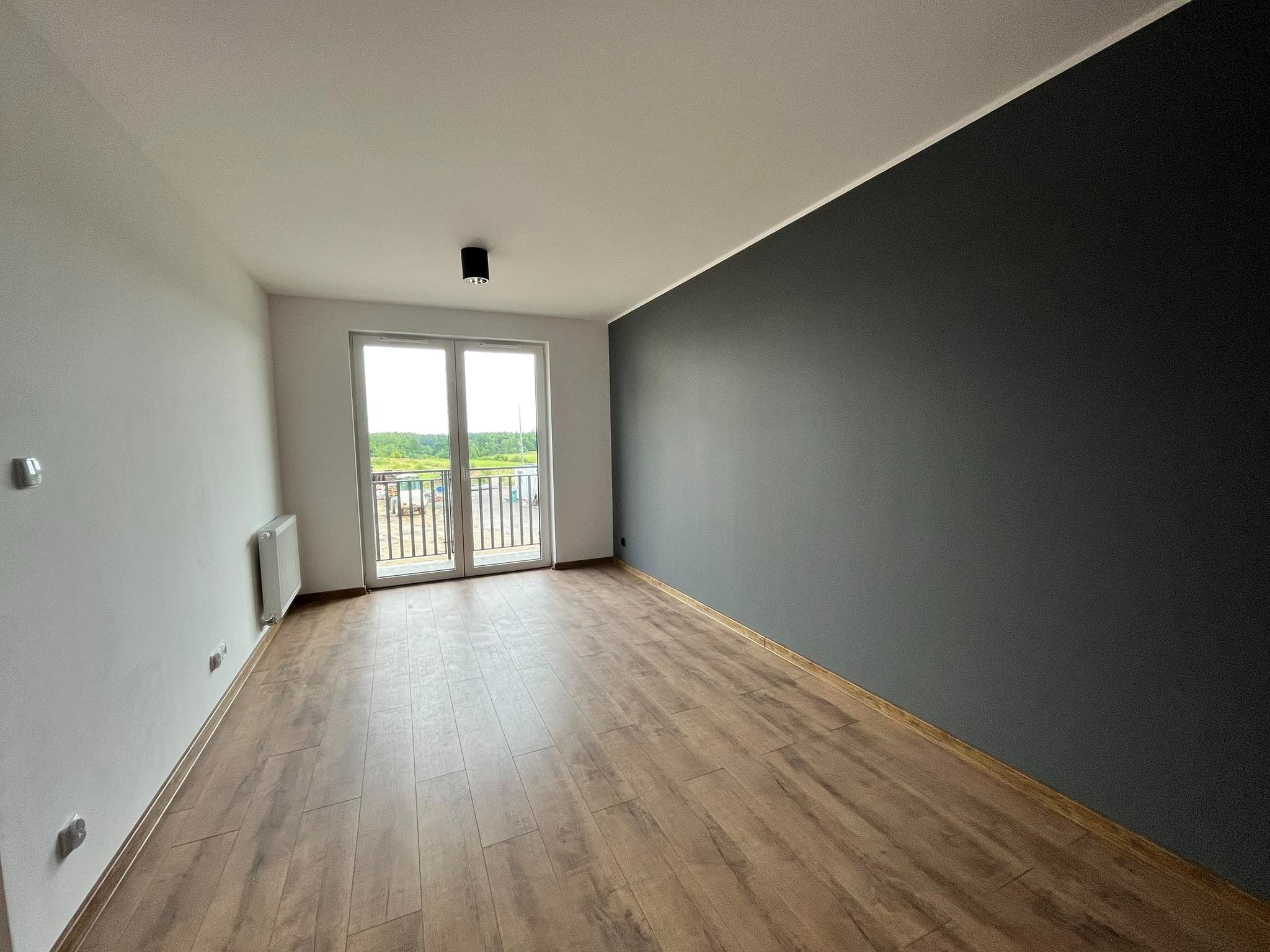 Pomalowane na szaro wnętrze pokoju z drewnianą podłogą i balkonem. Ściany białe i szare, widoczny grzejnik i lampa sufitowa. Nowoczesne wykończenie.