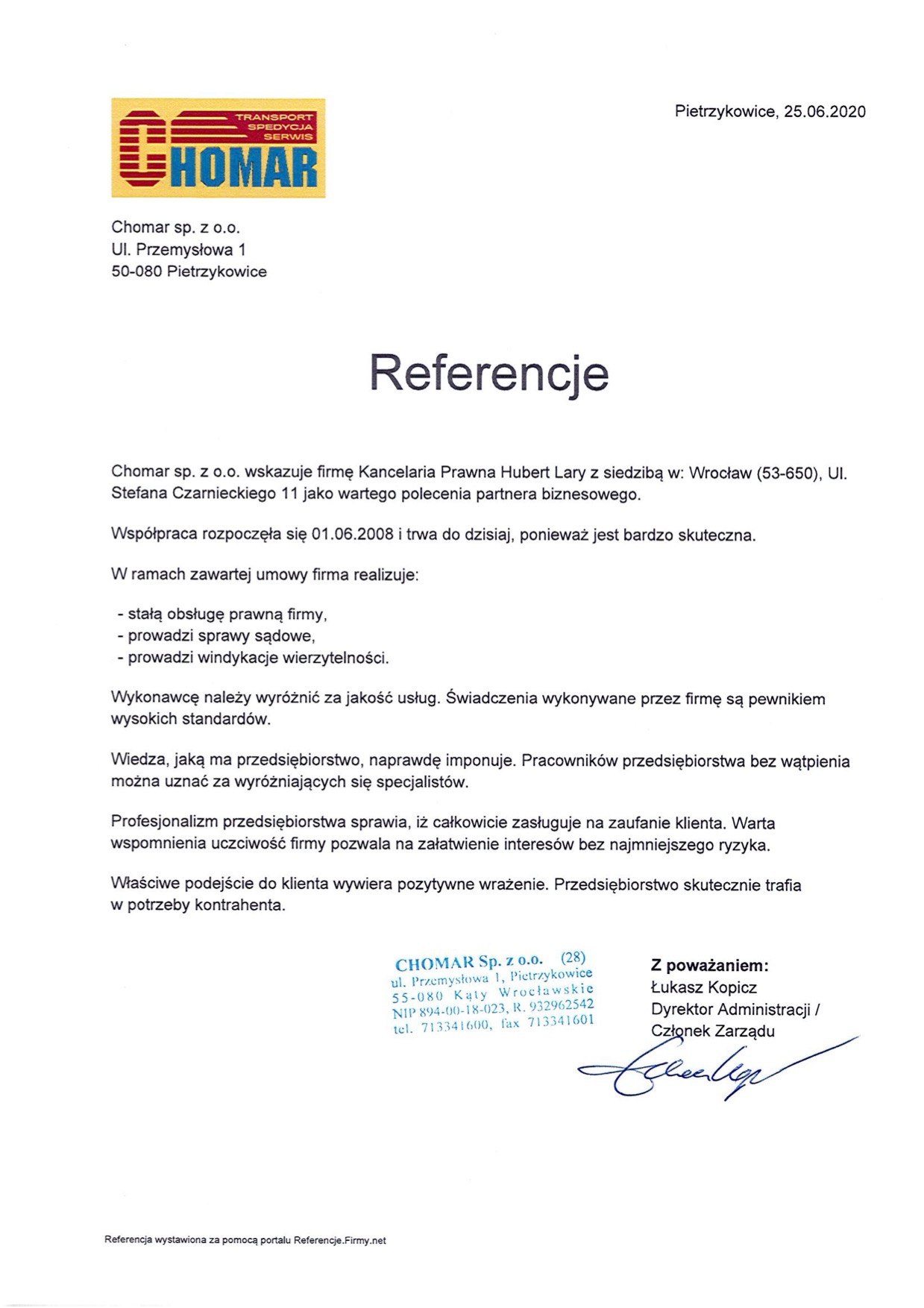 Skan referencji dla Kancelarii Prawnej Hubert Lary, wystawionej przez firmę Chomar Sp. z o.o., potwierdzającej stałą obsługę prawną, prowadzenie spraw sądowych i windykację.
