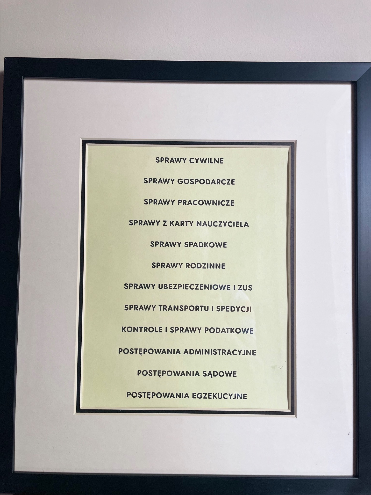 Oprawiona lista spraw, którymi zajmuje się kancelaria: cywilne, gospodarcze, pracownicze, spadkowe, rodzinne, ubezpieczeniowe, transportowe, podatkowe, administracyjne, sądowe, egzekucyjne.