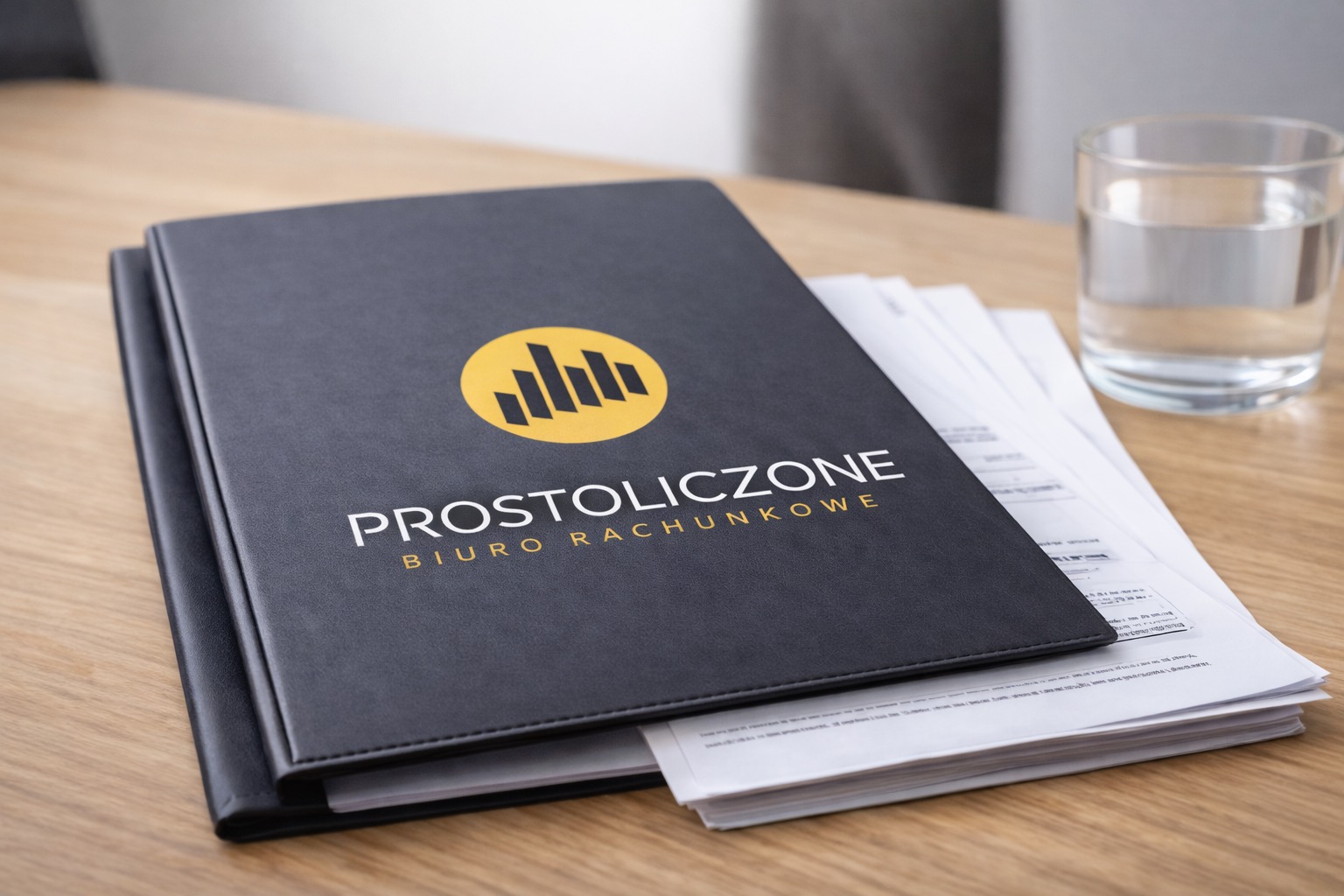 Czarne, skórzane teczki z logo 'Prostoliczone Biuro Rachunkowe' na drewnianym biurku, obok szklanka wody i plik dokumentów. Stonowana kolorystyka, profesjonalny wygląd.