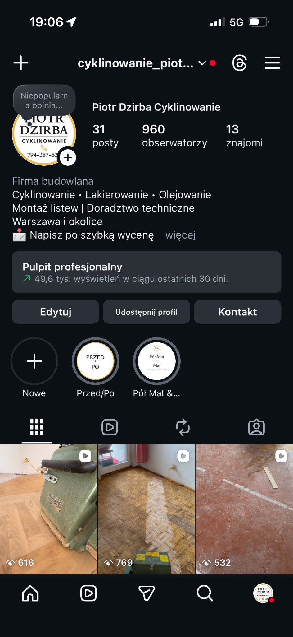 Ekran profilu firmy z Warszawy oferującej usługi cyklinowania. Widoczne posty z realizacjami, w tym 'przed/po' oraz maszyna do cyklinowania.