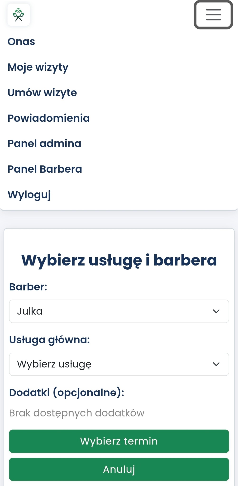Interfejs aplikacji do rezerwacji wizyt w salonie fryzjerskim LeniwyBarber.pl z Kiełczygłowa. Widok wyboru barbera i usługi głównej.