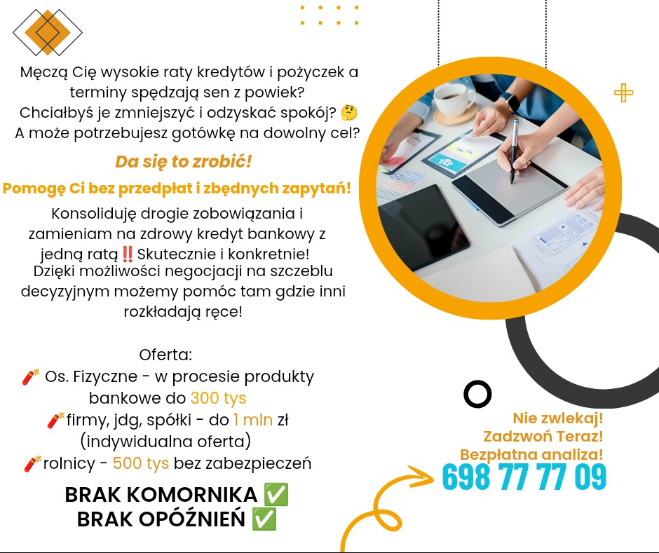 Oferta konsolidacji kredytów z bezpłatną analizą. Osoby pracujące nad tabletem graficznym. Informacja o braku komornika i opóźnień. Numer telefonu do kontaktu.