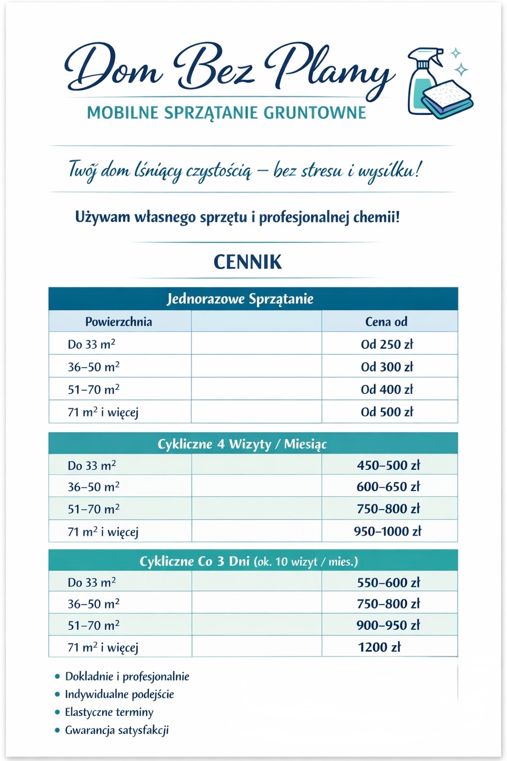Cennik usług sprzątania 'Dom Bez Plamy' z ofertą sprzątania jednorazowego i cyklicznego, z podziałem na metraż i ceny. Grafika z logo firmy i hasłem 'Mobilne sprzątanie gruntowne'.