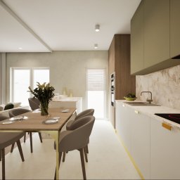 Inside House - Ewa Antczak - Jasna kuchnia z marmurowym blatem i drewnianymi akcentami. Stół z nakryciem i krzesłami. Minimalistyczny design, naturalne światło. Rośliny w wazonie dodają świeżości.