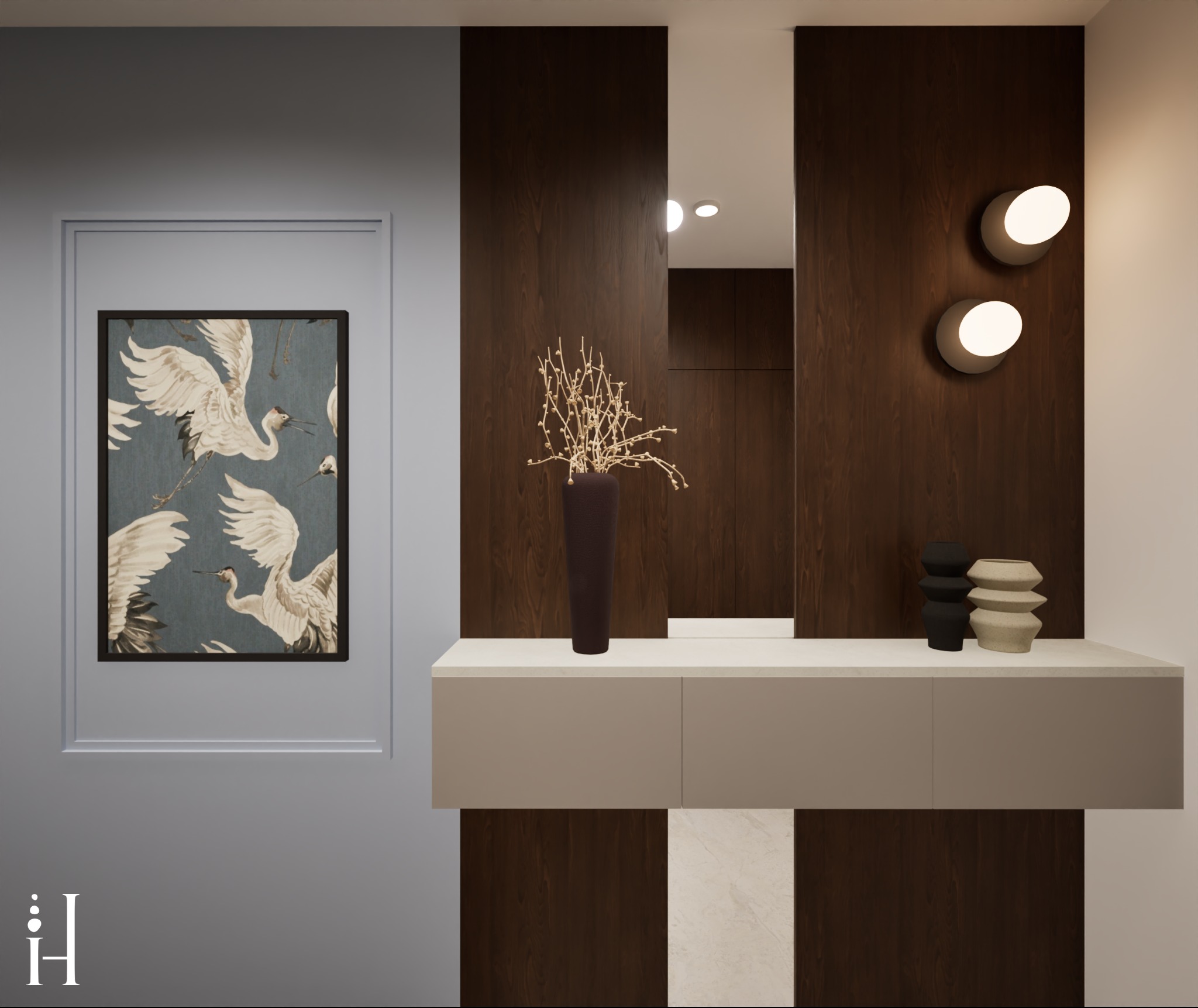 Nowoczesna aranżacja przedpokoju z obrazem w ramie, drewnianą boazerią, konsolą z wazonami i dekoracyjnymi lampami ściennymi. Minimalistyczny design.