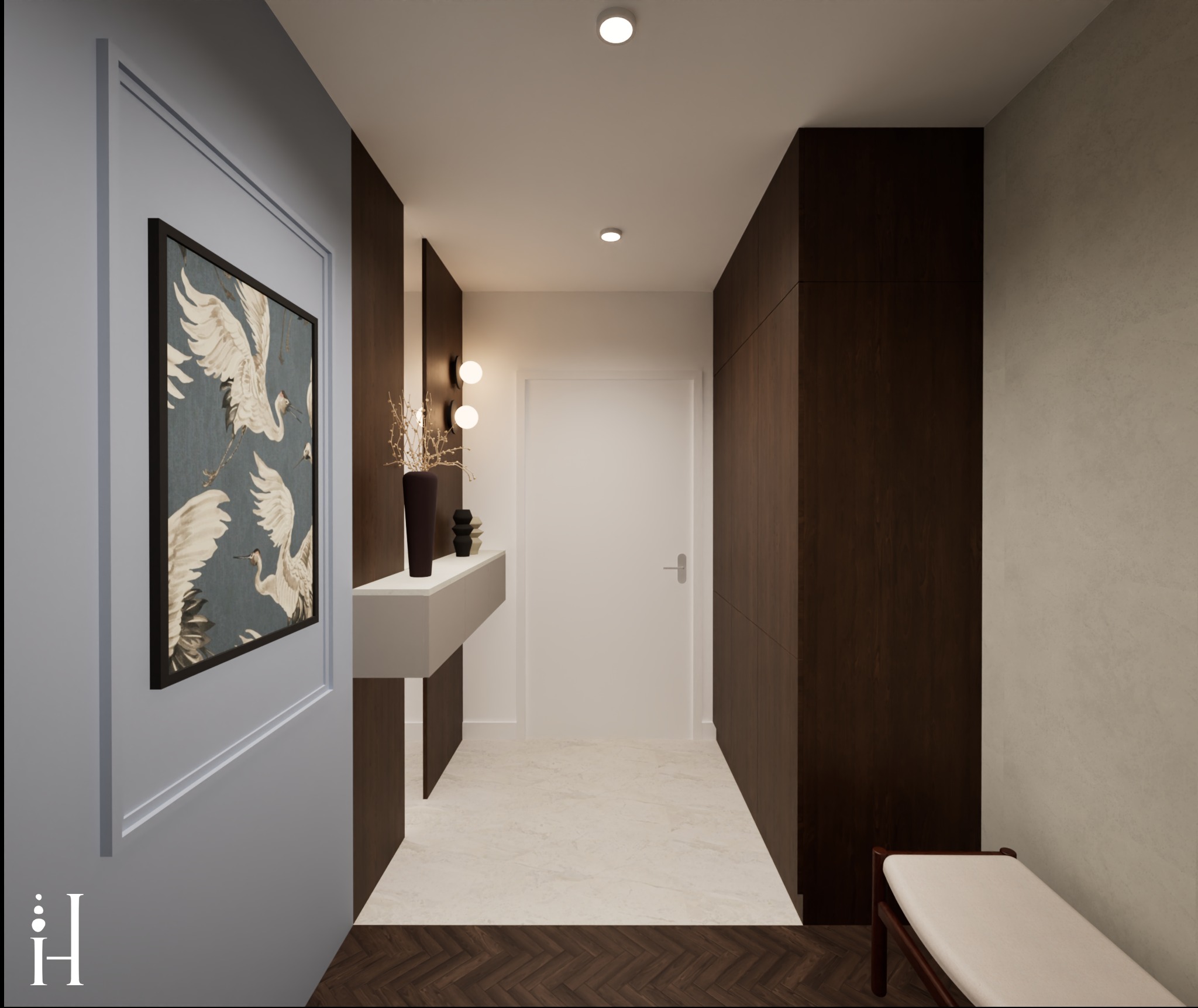 Nowoczesny przedpokój z obrazem w ramie, konsolą i szafą w zabudowie. Jasna podłoga i oświetlenie punktowe. Minimalistyczny design z akcentami drewna.