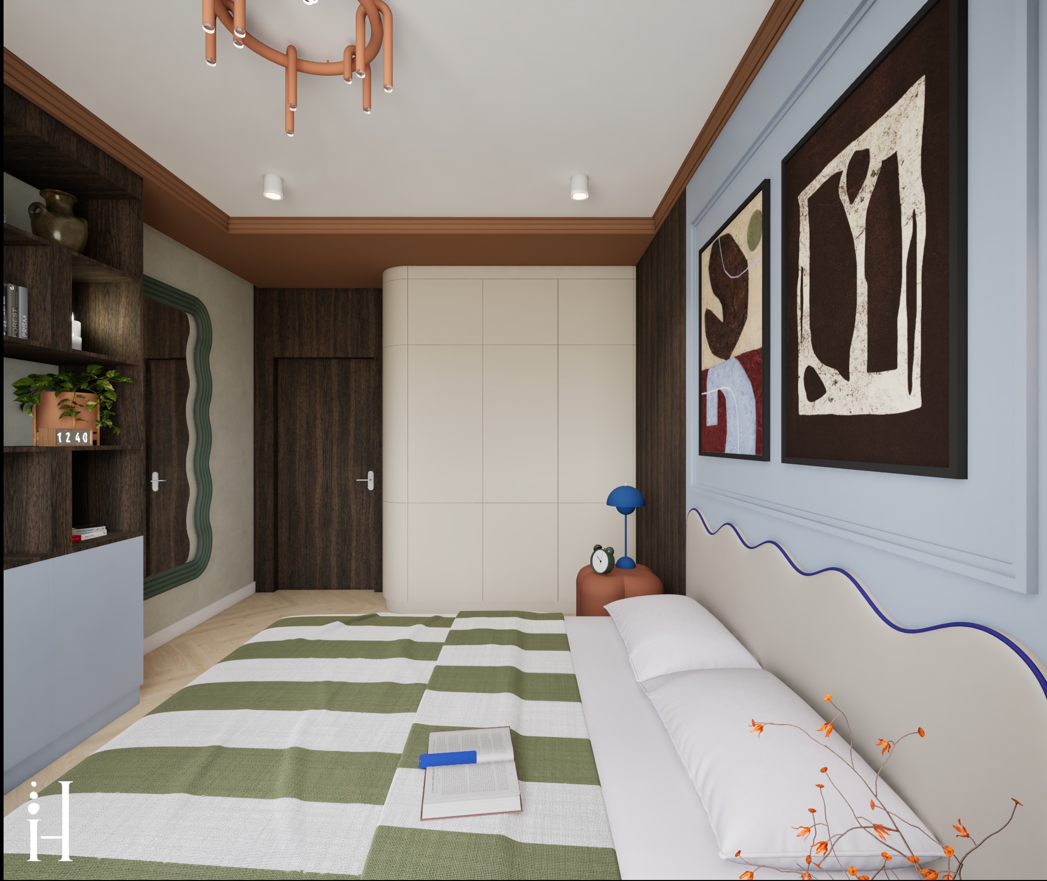 Wnętrze sypialni w stylu retro z łóżkiem w paski, abstrakcyjnymi obrazami na ścianie i oryginalną lampą sufitową. Widoczny regał z dekoracjami i szafa w tle.